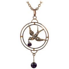 Antique Rose Gold Pearl and Amethyst Swallow Bird Pendant Necklace, circa 1910