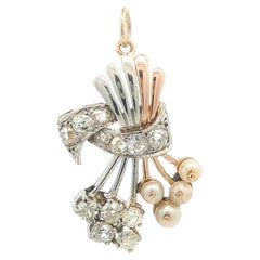 Antique Rose Gold & Platinum Diamond Wrap w/ Pearl Floral Bouquet Pendant
