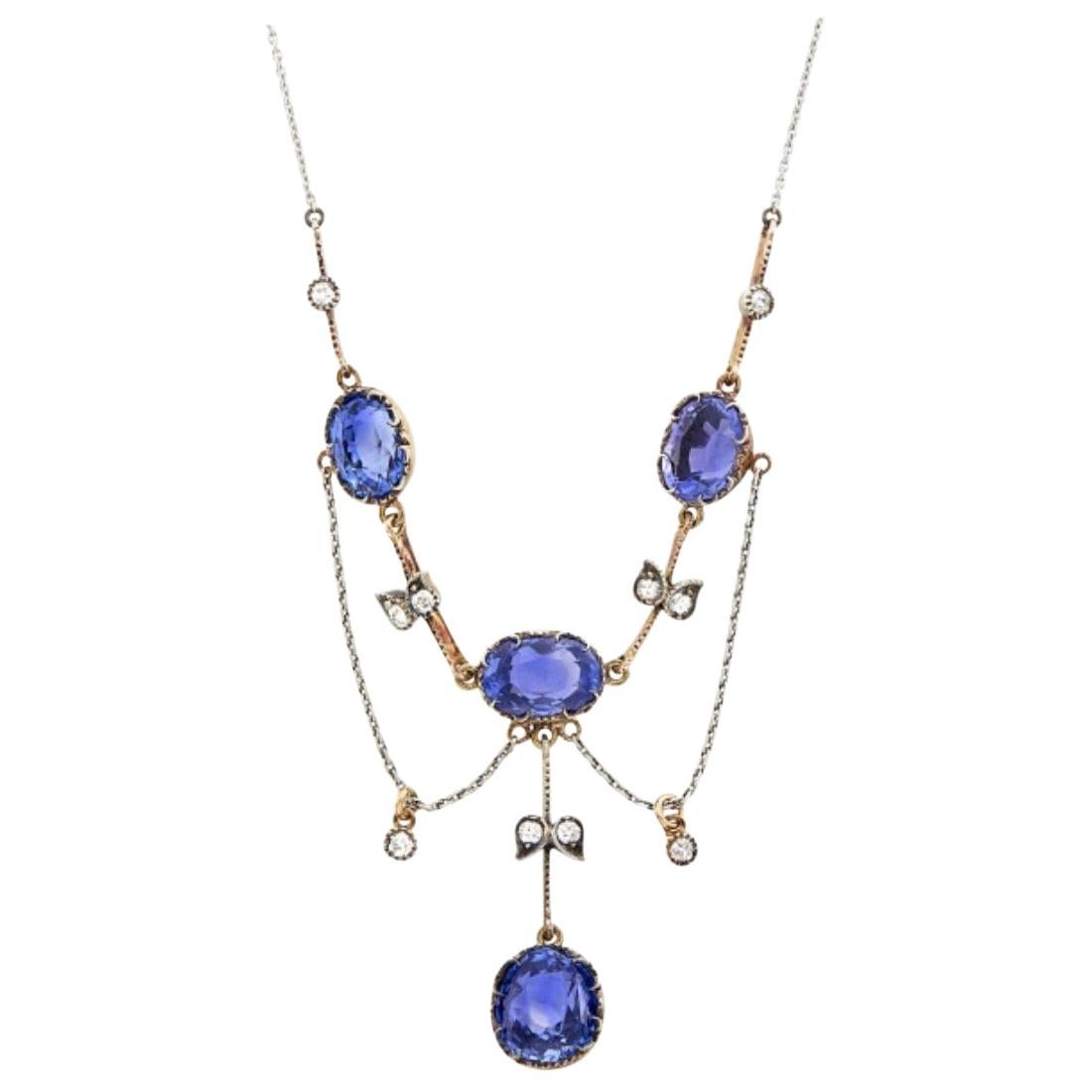 Antique Rose Gold, Platinum, Sapphire and Diamond Swag Necklace For Sale