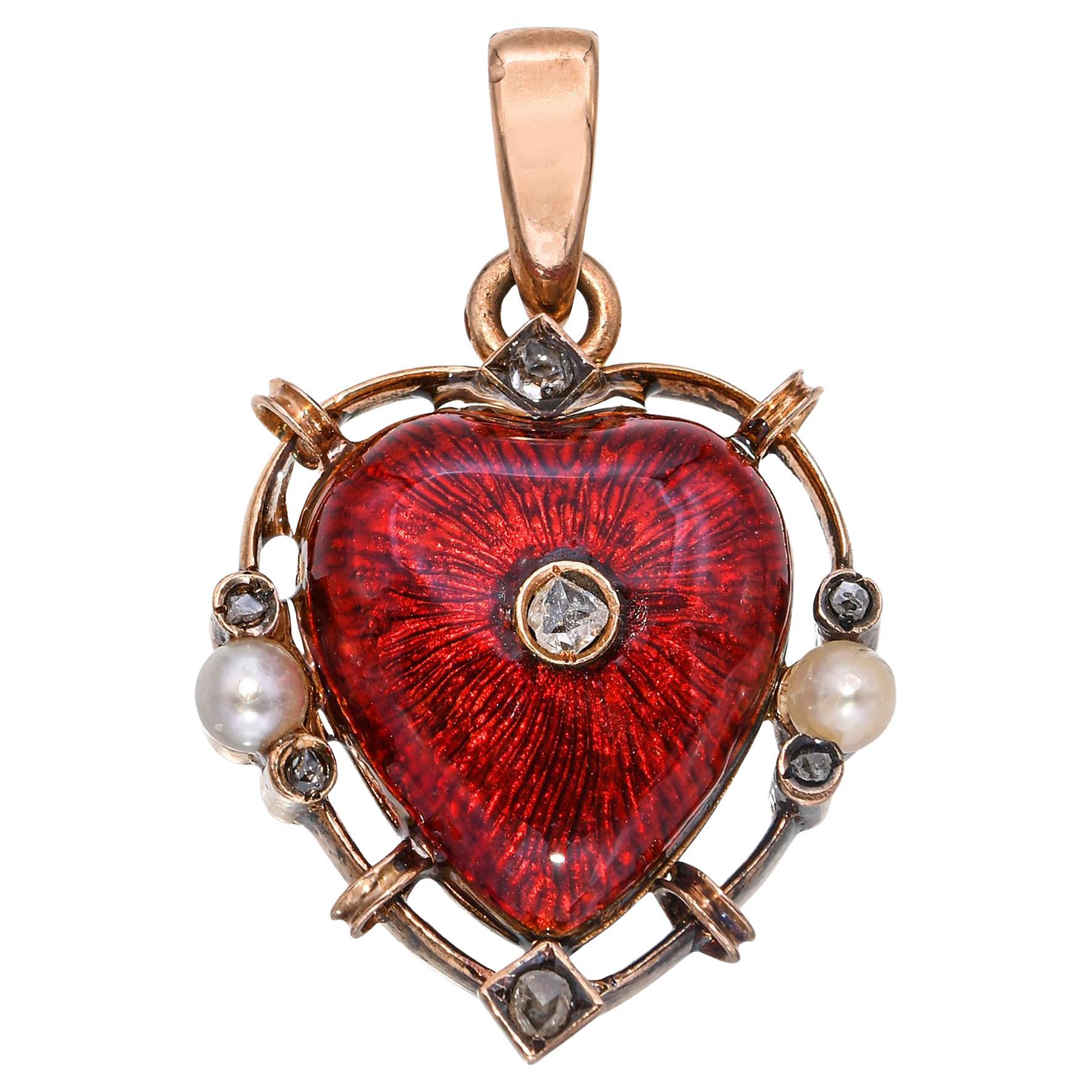 Antiker Rose Gold Point Cut Diamant
Perle Guilloche Emaille Herz-Anhänger