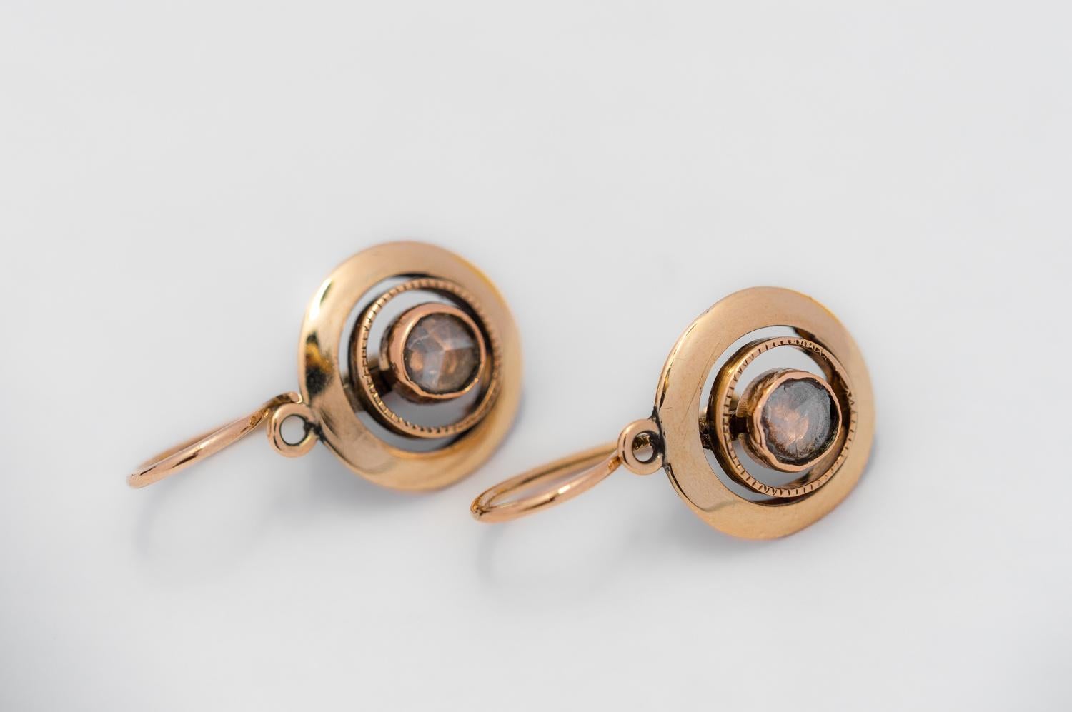 Antique Rose Gold Rose Cut Diamond Sleeper Earrings, Antique Rose Gold Earrings 3
