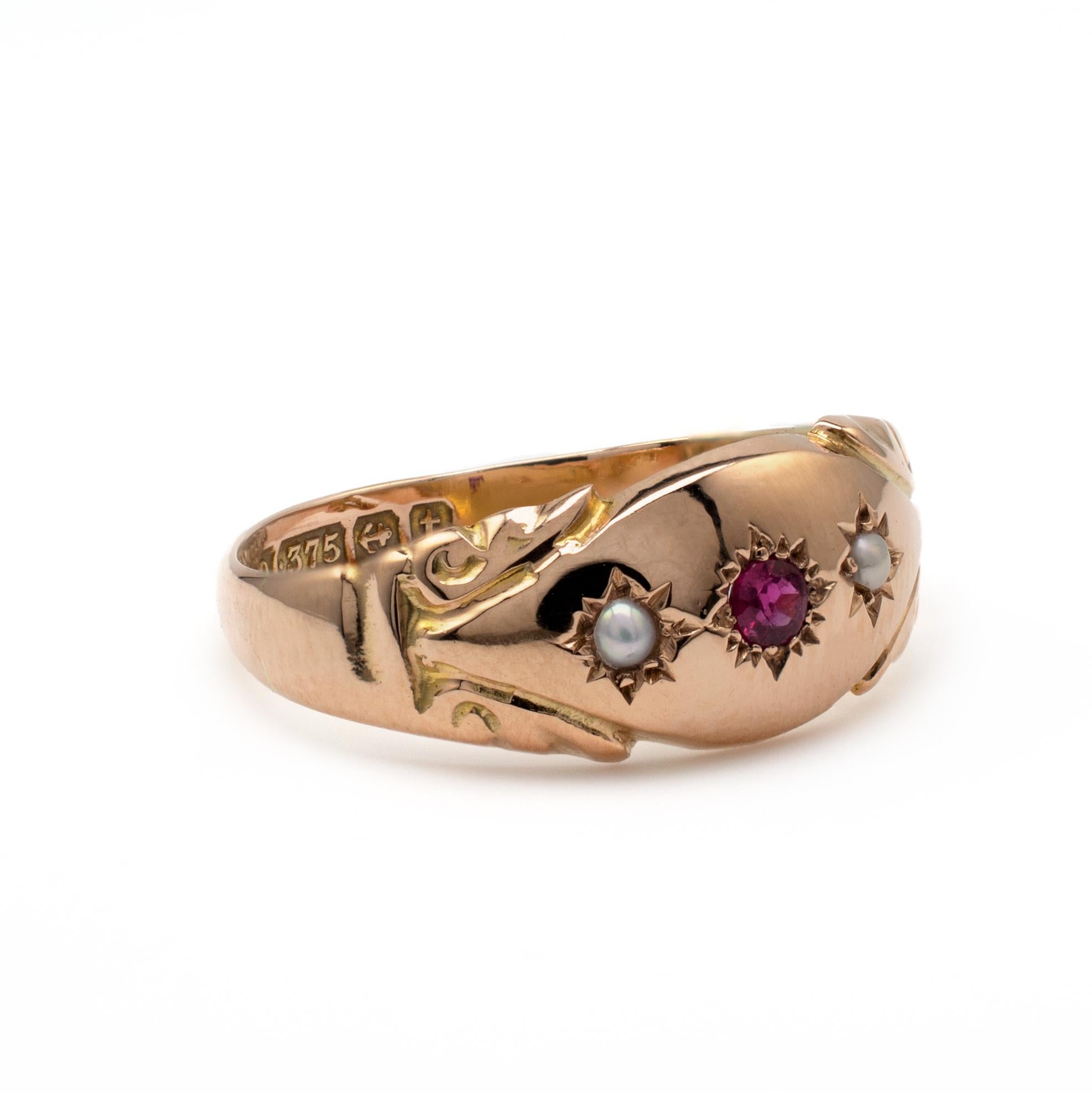 Round Cut Antique Rose Gold Ruby Pearl Gypsy Ring London 1918