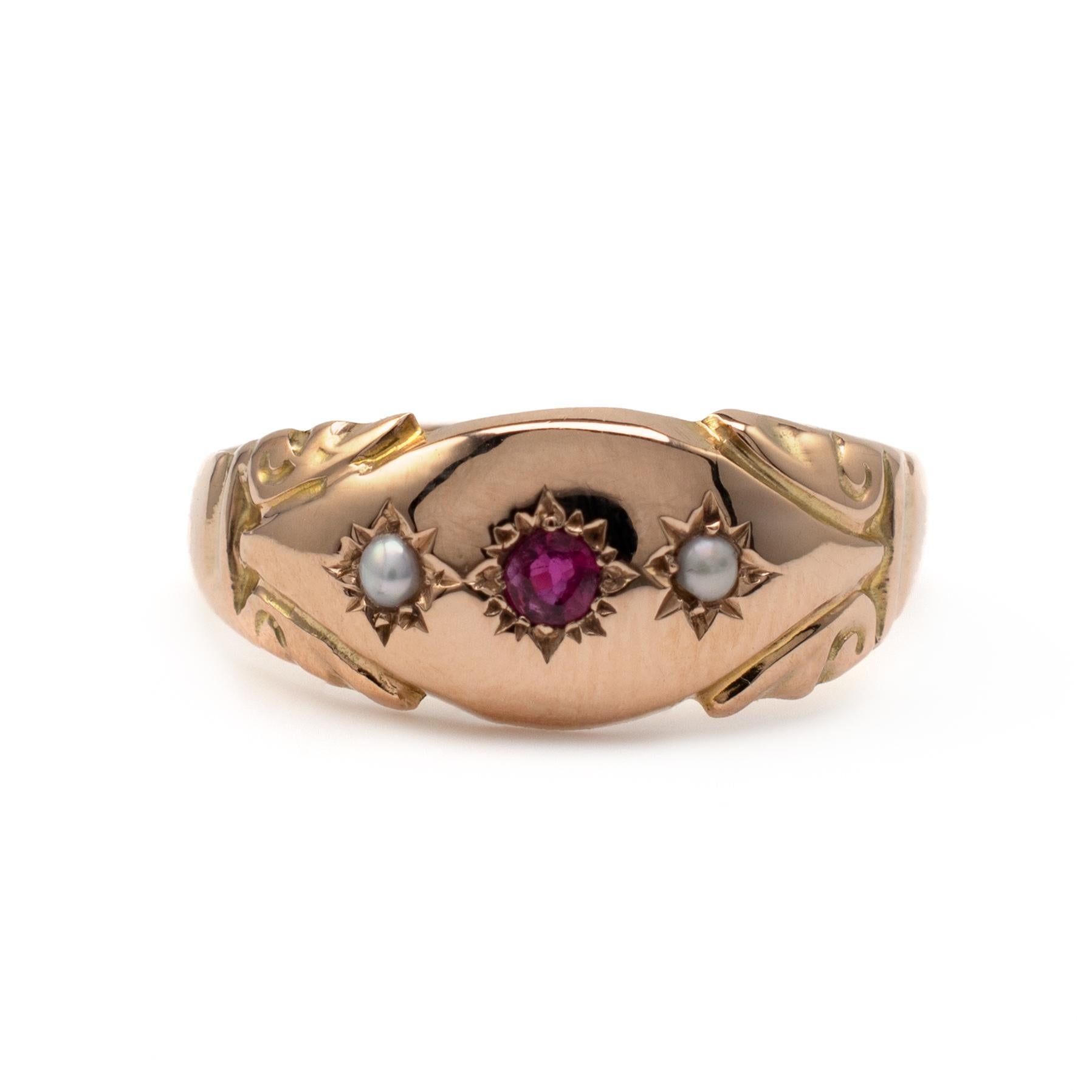 Antique Rose Gold Ruby Pearl Gypsy Ring London 1918 In Good Condition In Preston, Lancashire