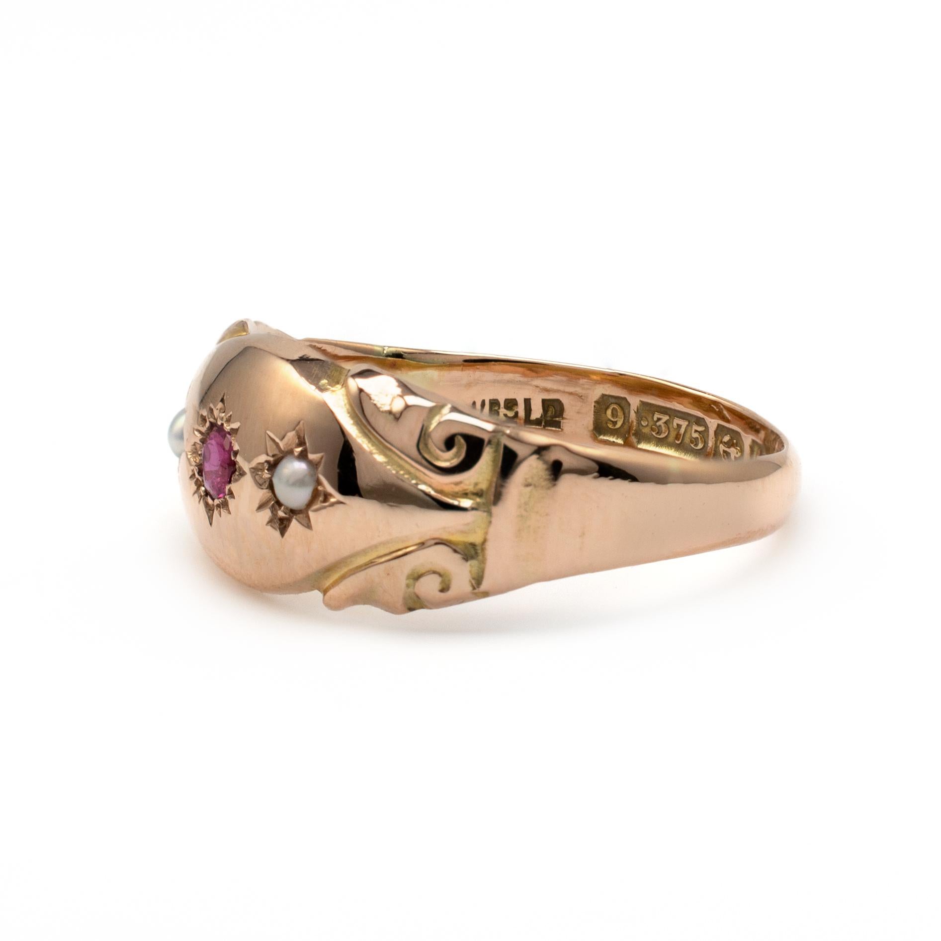 Women's Antique Rose Gold Ruby Pearl Gypsy Ring London 1918