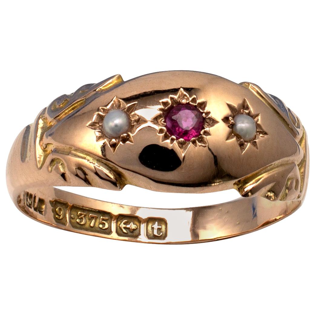 Antique Rose Gold Ruby Pearl Gypsy Ring London 1918
