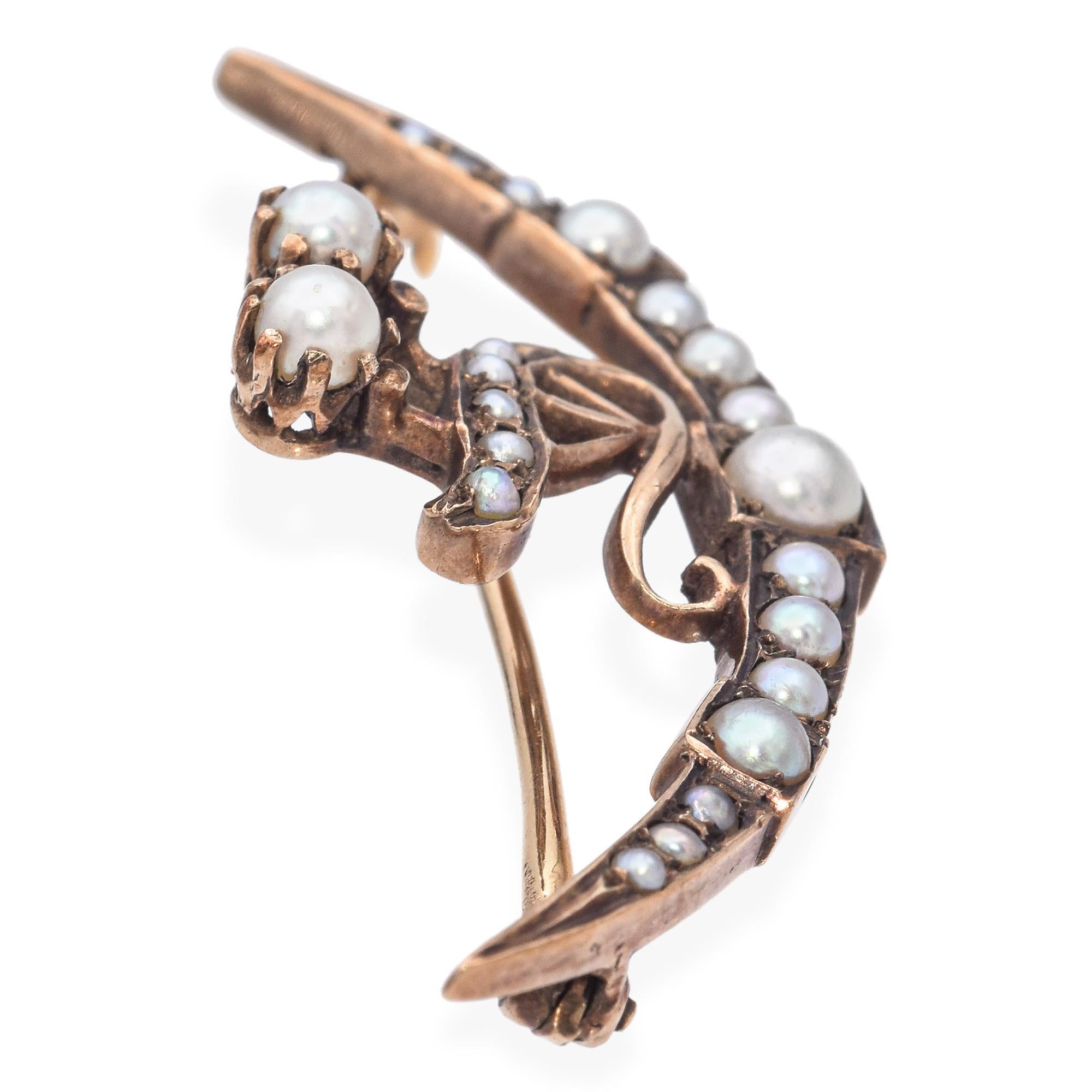 Art Nouveau Antique Rose Gold Seed Pearl Crescent Moon Brooch For Sale
