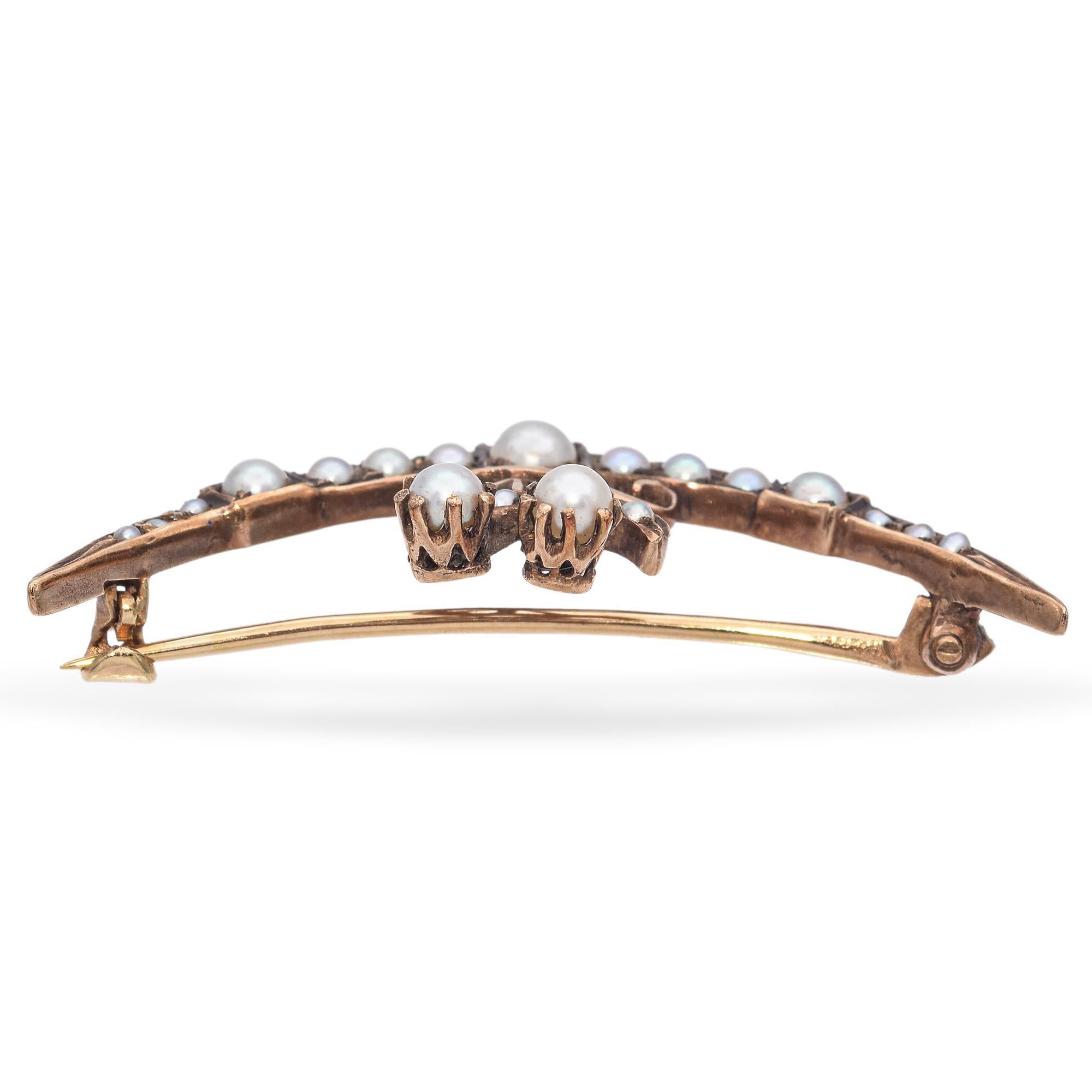 Uncut Antique Rose Gold Seed Pearl Crescent Moon Brooch For Sale