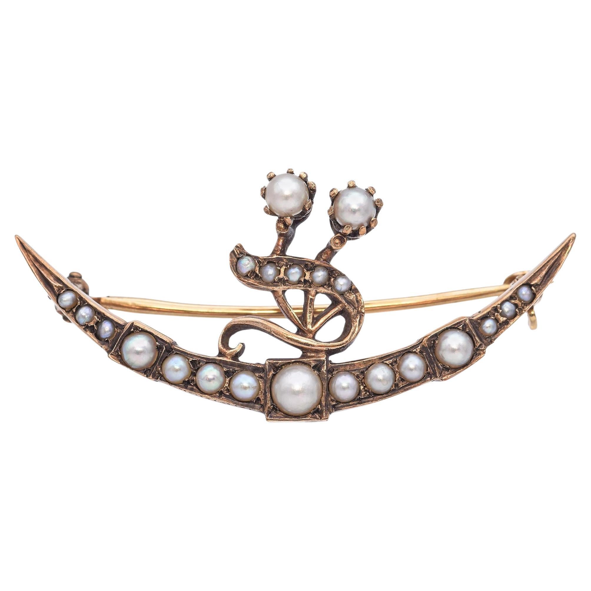 Antique Rose Gold Seed Pearl Crescent Moon Brooch