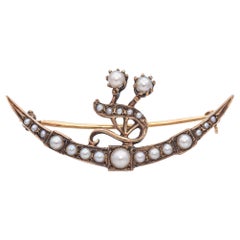 Antique Rose Gold Seed Pearl Crescent Moon Brooch