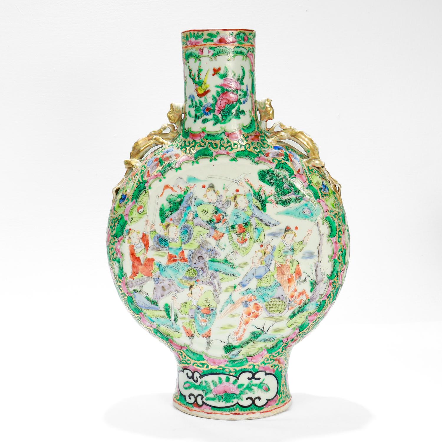 A fine antique Chinese porcelain moon flask.

In the Rose Mandarin pattern (with a very green palette bordering on Famille Verde).

With a flattened circular body having two cartouches to either side with medieval warfare scenes of men &
