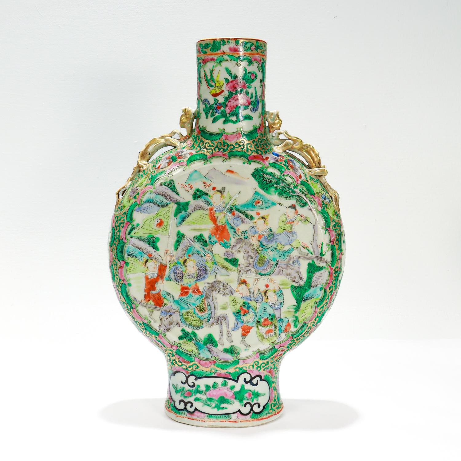 19th Century Antique Rose Mandarin Chinese Export Porcelain Moon Flask