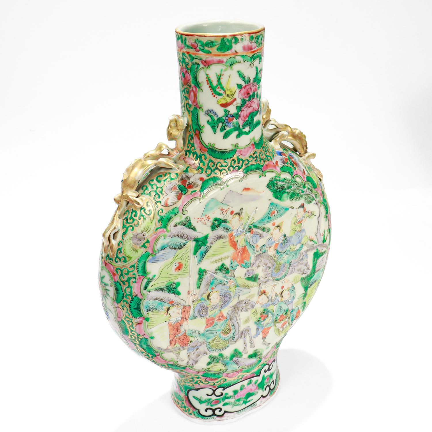 Antique Rose Mandarin Chinese Export Porcelain Moon Flask 2