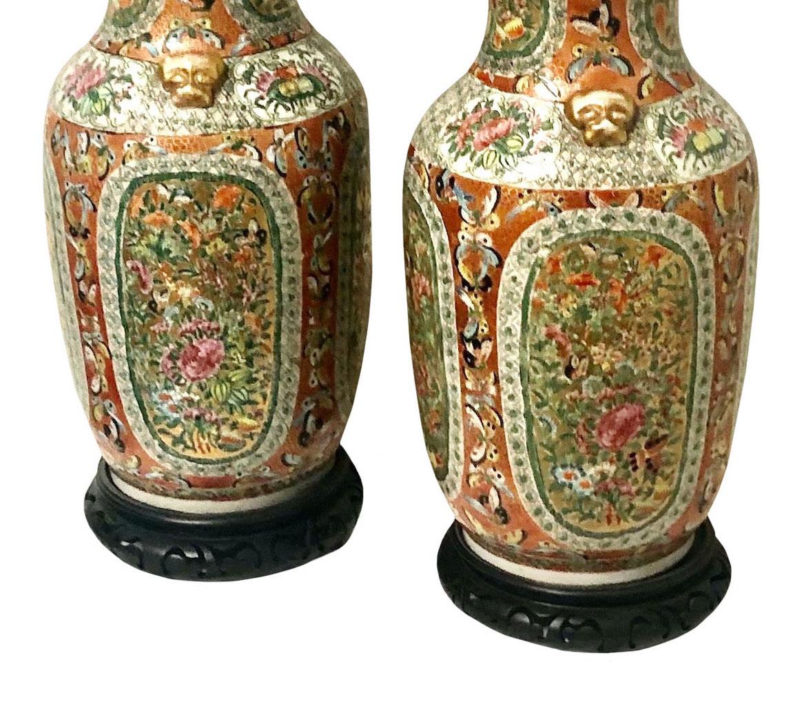 Antique Rose Medalion Vases a Lamps, a Pair In Good Condition In Tampa, FL