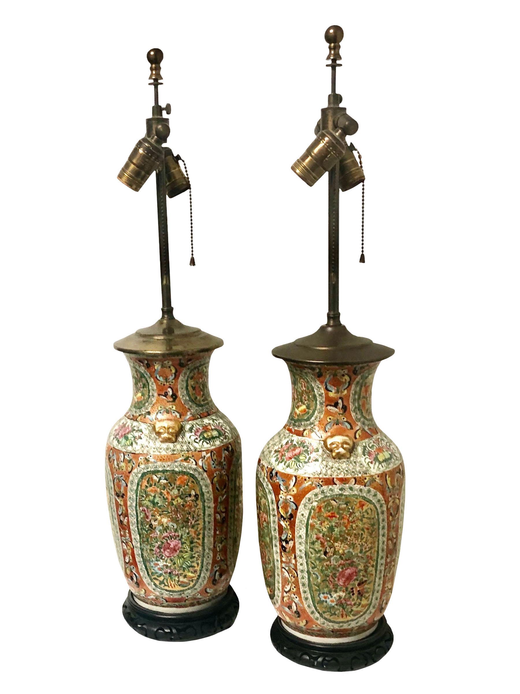 Late 19th Century Antique Rose Medalion Vases a Lamps, a Pair