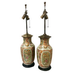 Antique Rose Medalion Vases a Lamps, a Pair