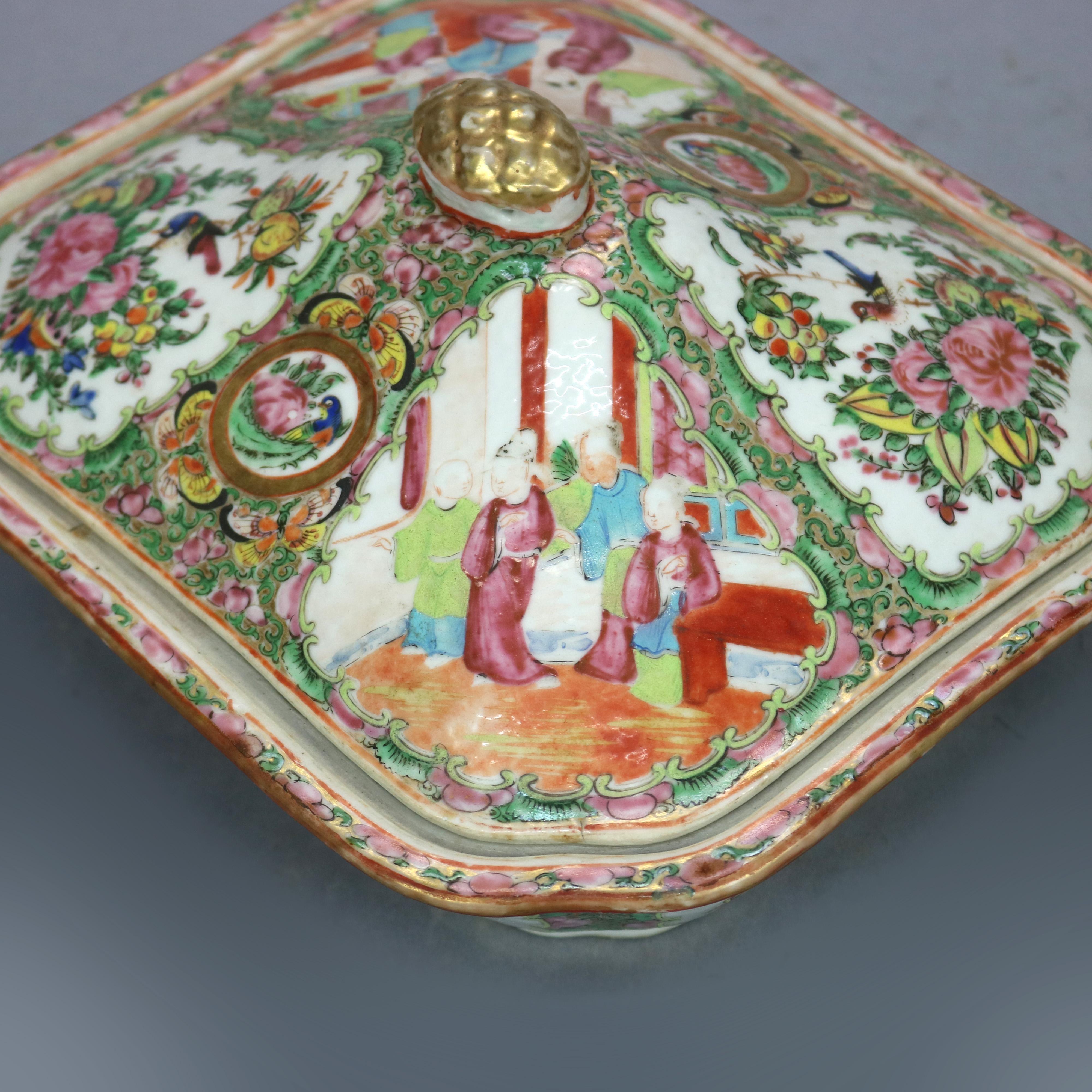 Fired Antique Rose Medallion Chinese Hand Enameled Porcelain Tureen, 19th Century
