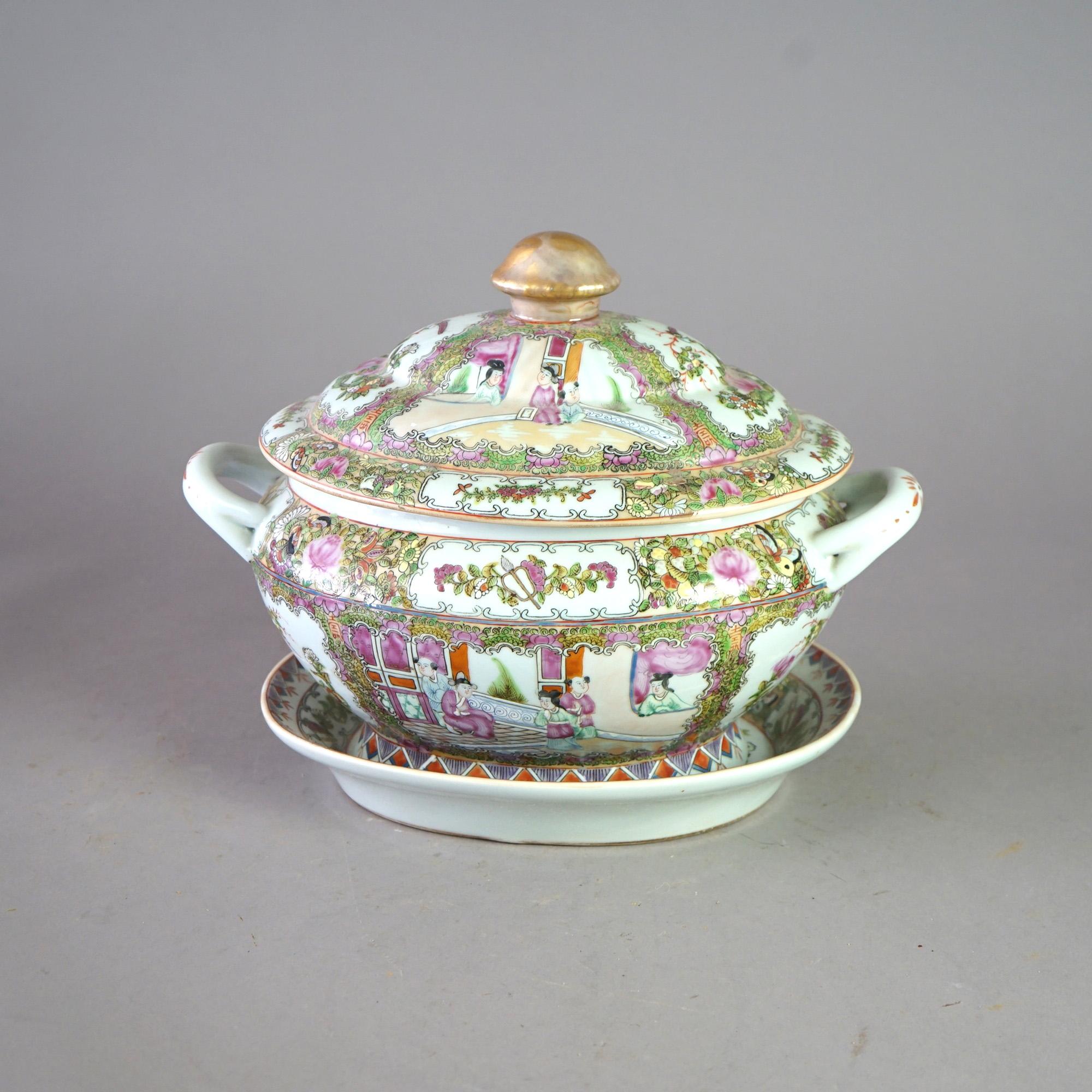 Antique Rose Medallion Chinese Hand Painted & Gilt Lidded Tureen with Under Plate 19thC

Measures - 11.25