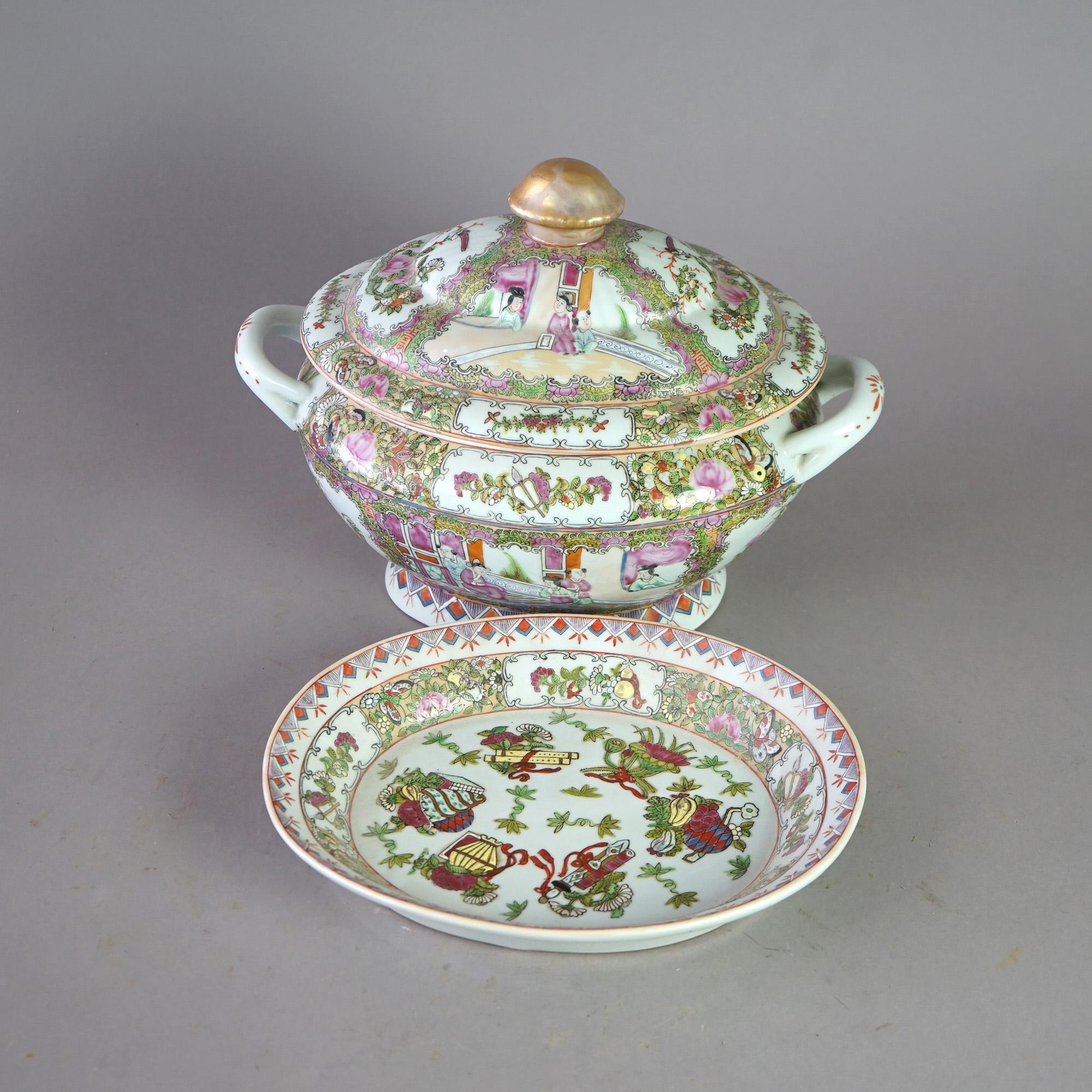 Asian Antique Rose Medallion Chinese Hand Painted & Gilt Tureen & Under Plate 19thC