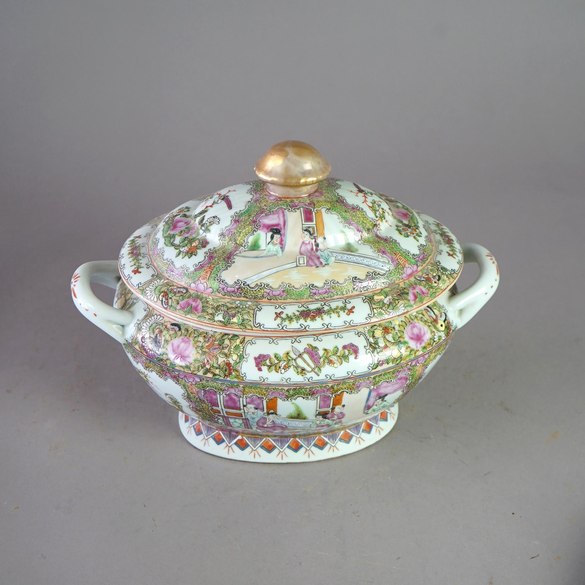 Hand-Painted Antique Rose Medallion Chinese Hand Painted & Gilt Tureen & Under Plate 19thC