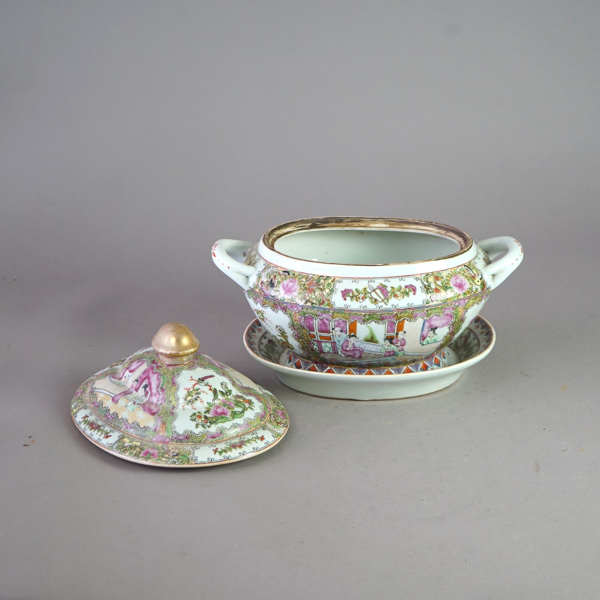 Antique Rose Medallion Chinese Hand Painted & Gilt Tureen & Under Plate 19thC In Good Condition In Big Flats, NY