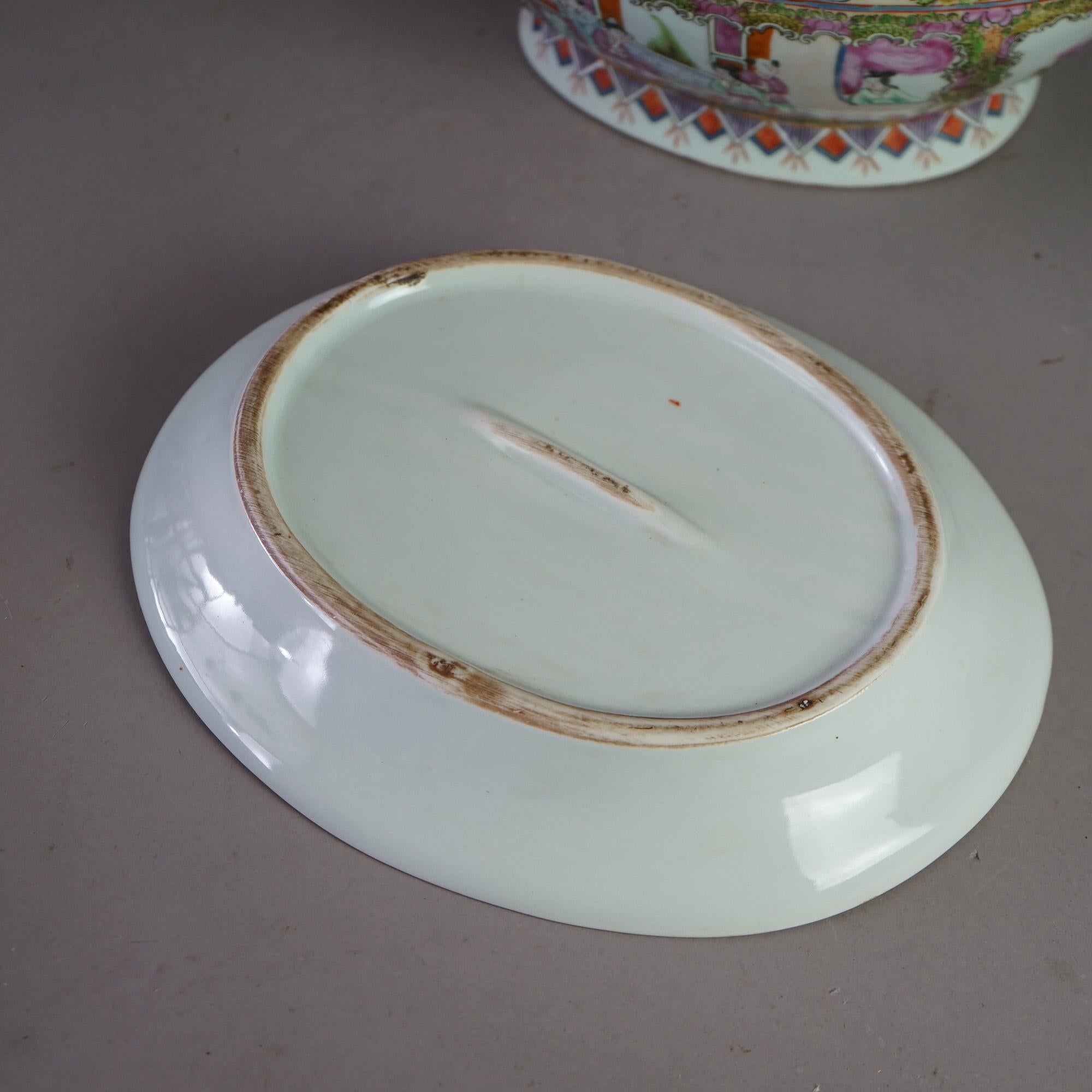 Antique Rose Medallion Chinese Hand Painted & Gilt Tureen & Under Plate 19thC 1