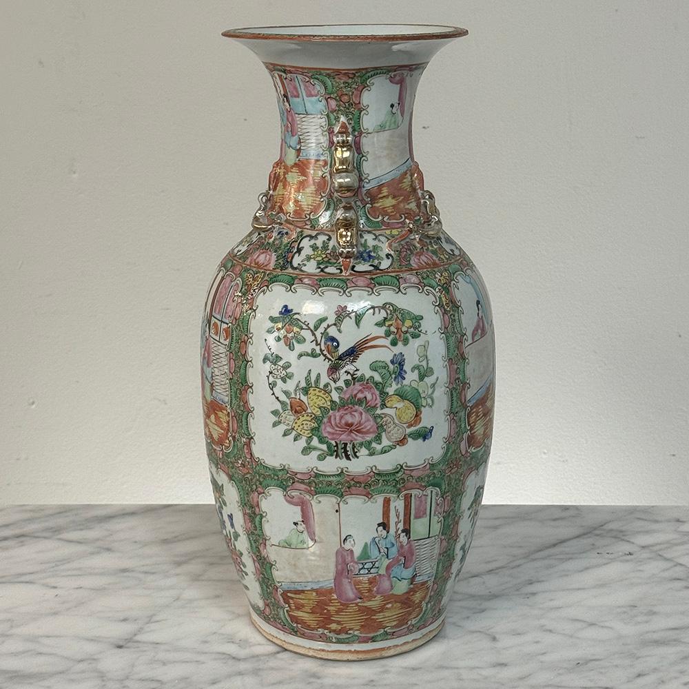 Hand-Painted Antique Rose Medallion Porcelain Vase For Sale