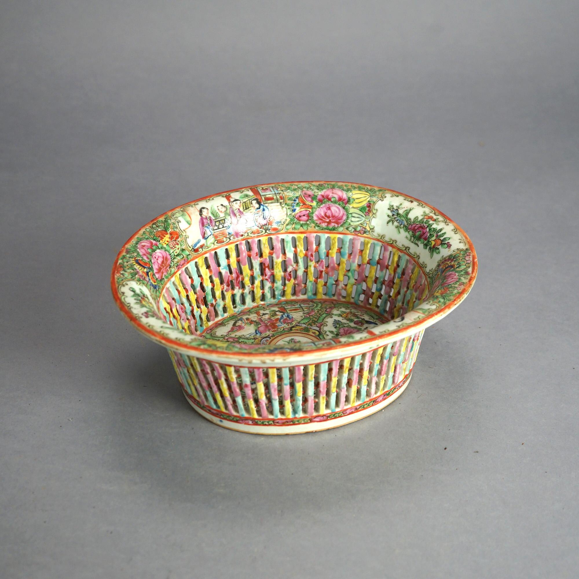 Chinese Antique Rose Medallion Reticulated Porcelain Basket, Garden & Genre Scenes C1900