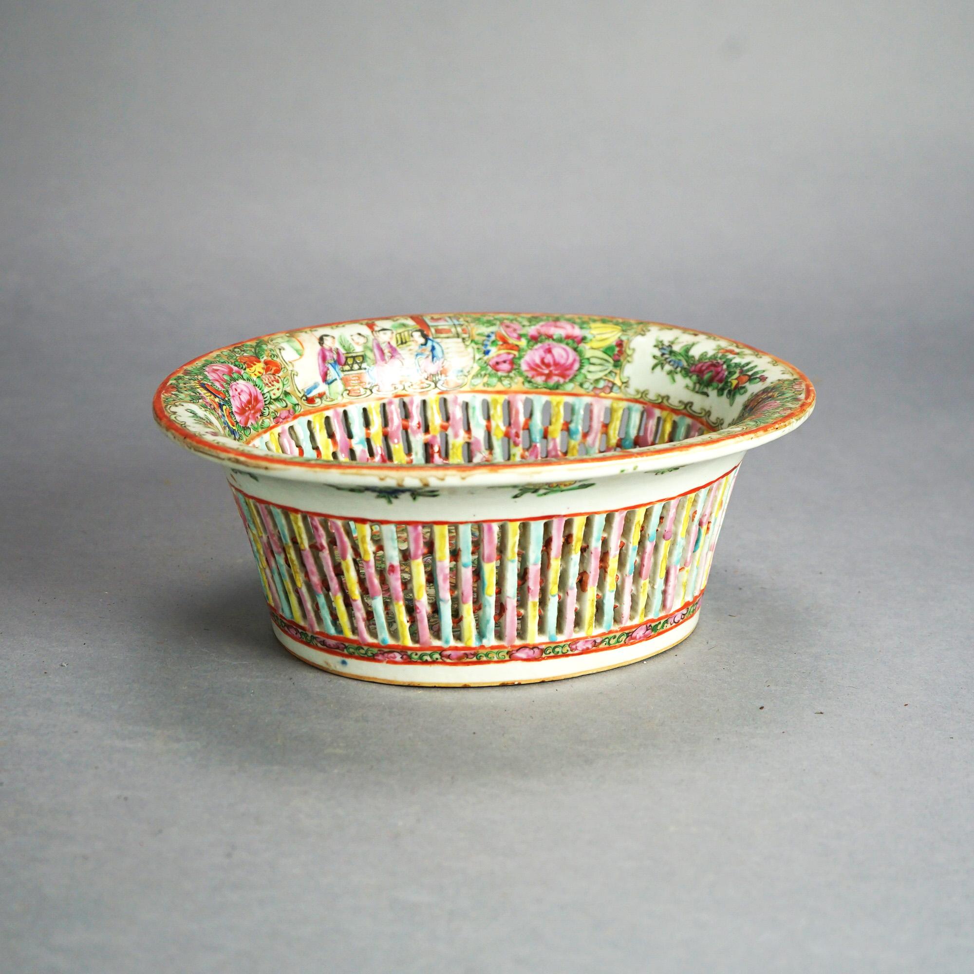 Antique Rose Medallion Reticulated Porcelain Basket, Garden & Genre Scenes C1900 In Good Condition In Big Flats, NY