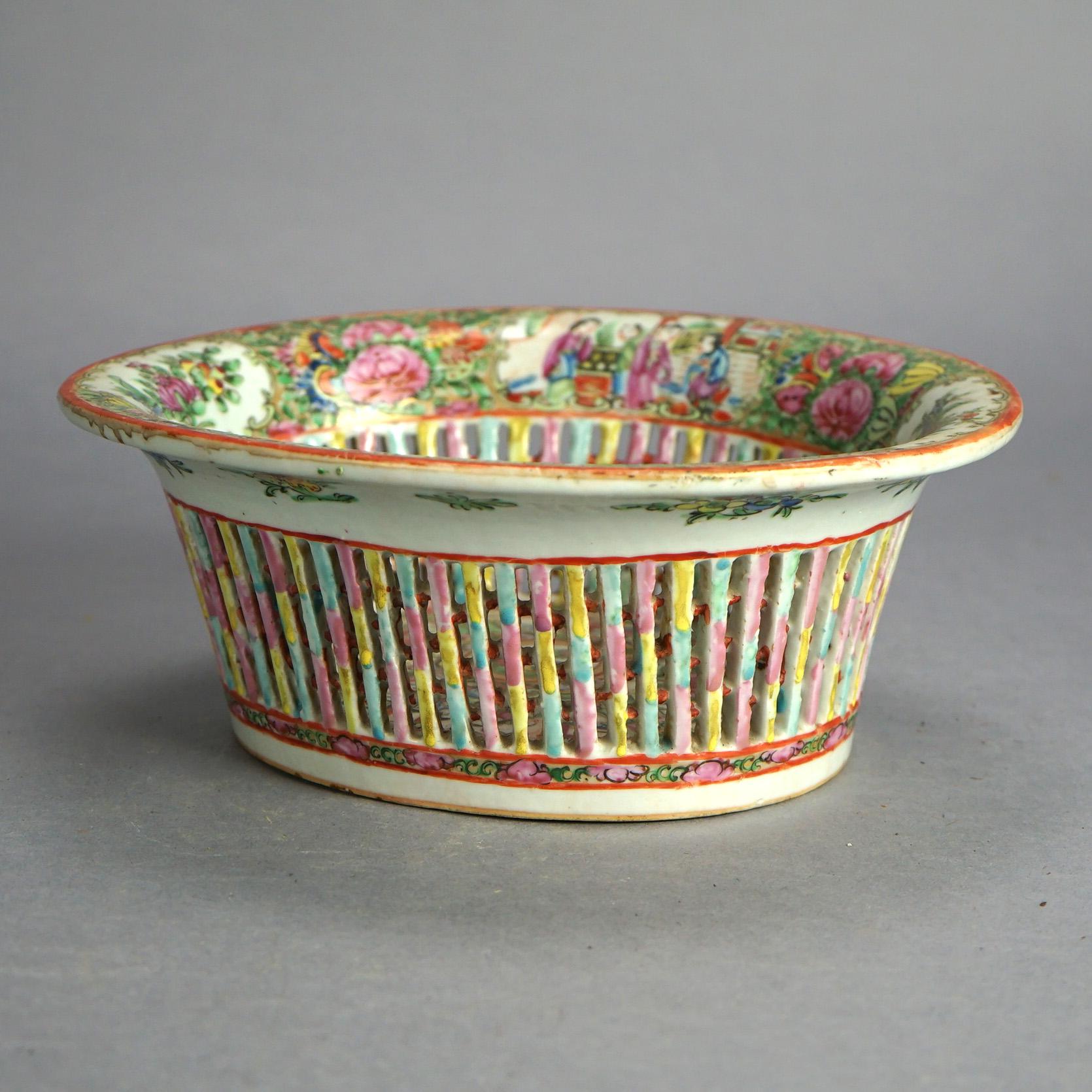 20th Century Antique Rose Medallion Reticulated Porcelain Basket, Garden & Genre Scenes C1900