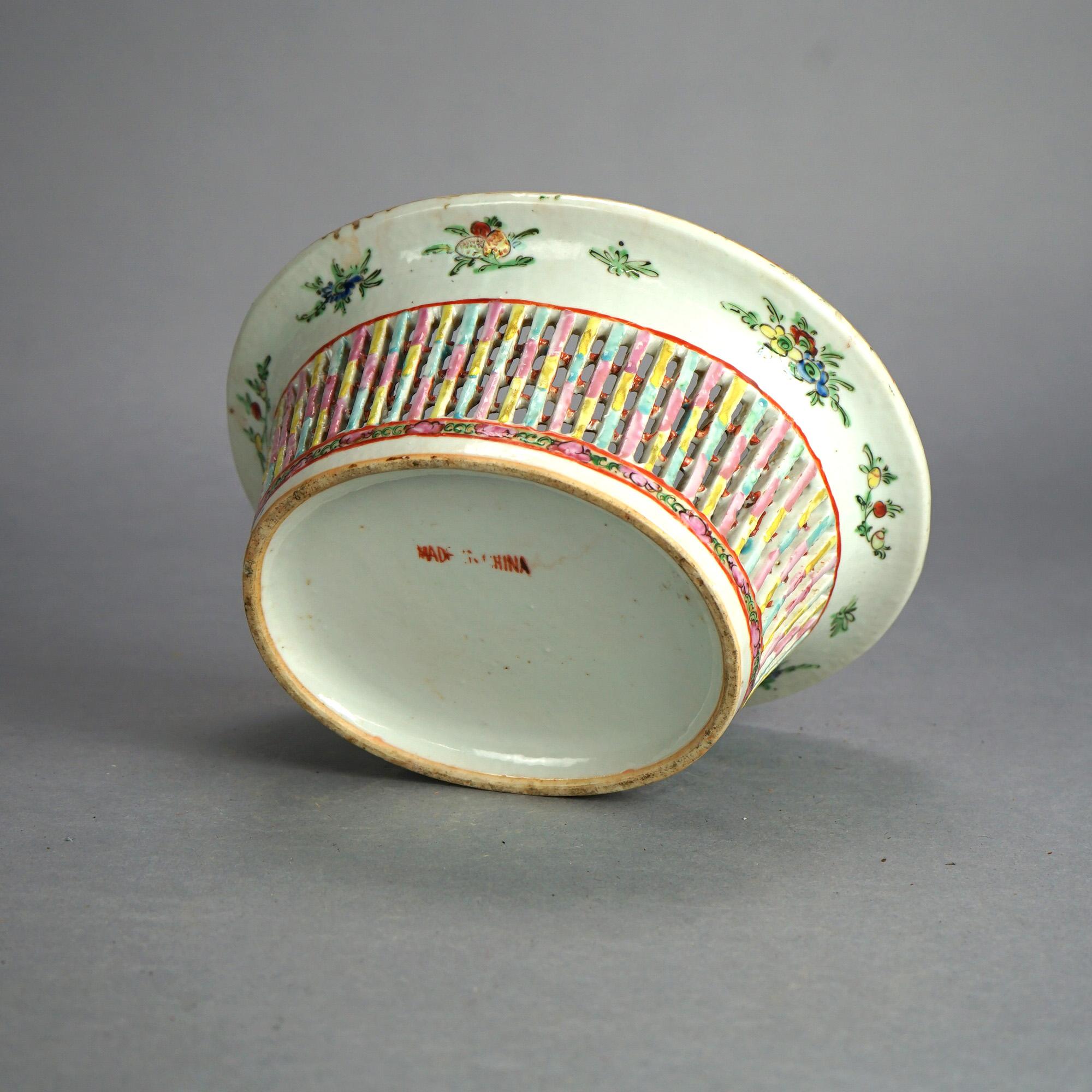 Antique Rose Medallion Reticulated Porcelain Basket, Garden & Genre Scenes C1900 1