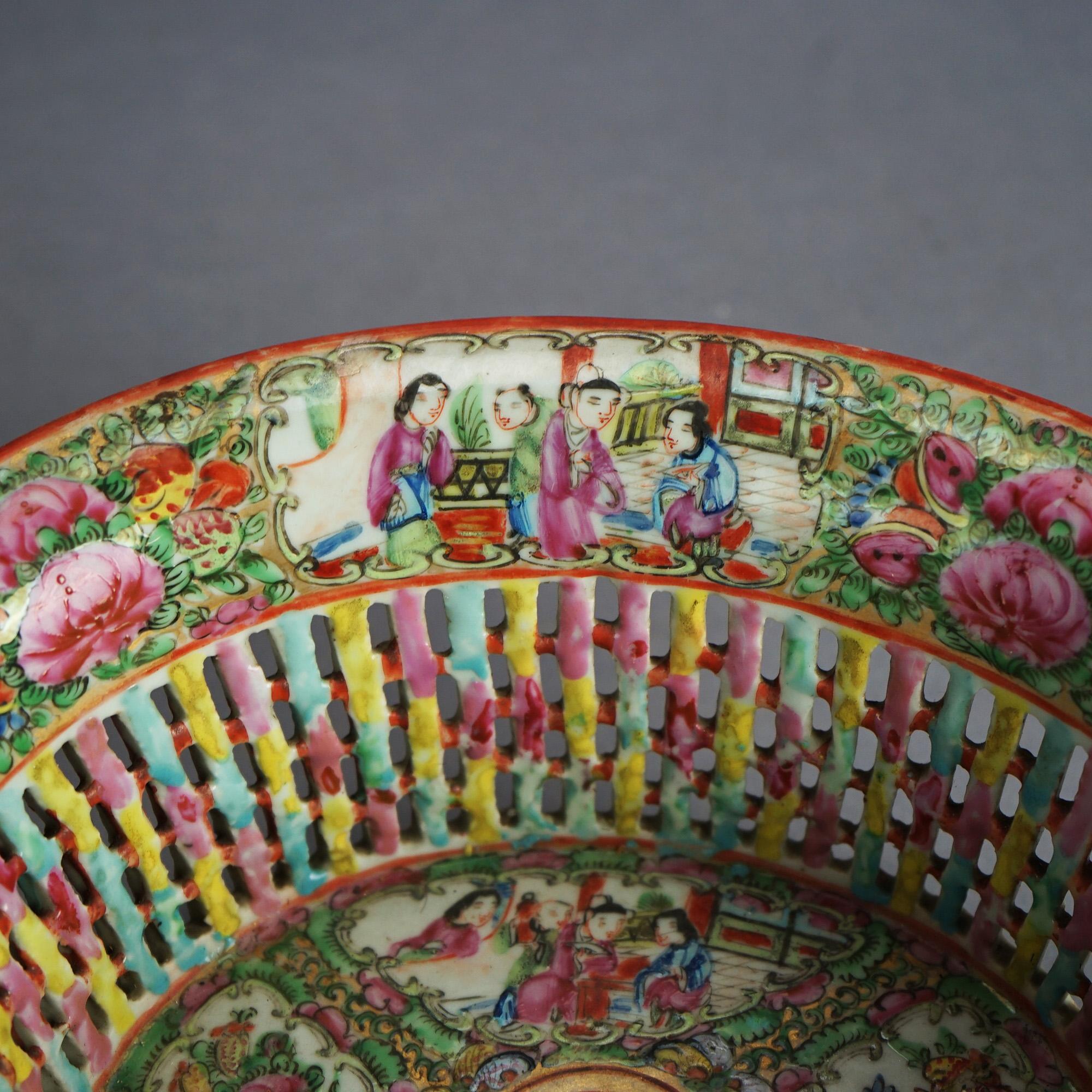 Antique Rose Medallion Reticulated Porcelain Basket, Garden & Genre Scenes C1900 2