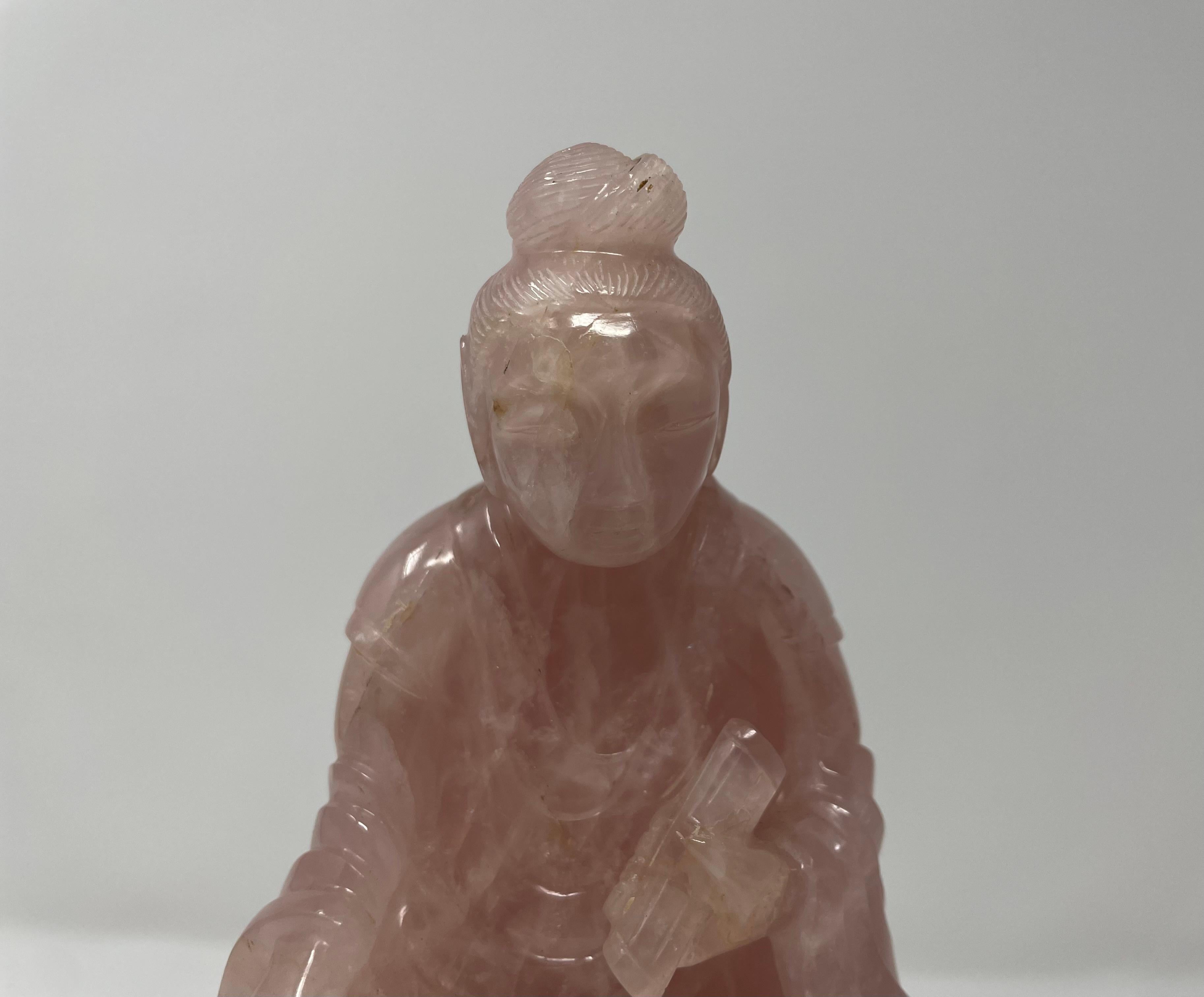 Antique Rose Quartz Kuan Yen Chinese Figure with Carved Wood Base