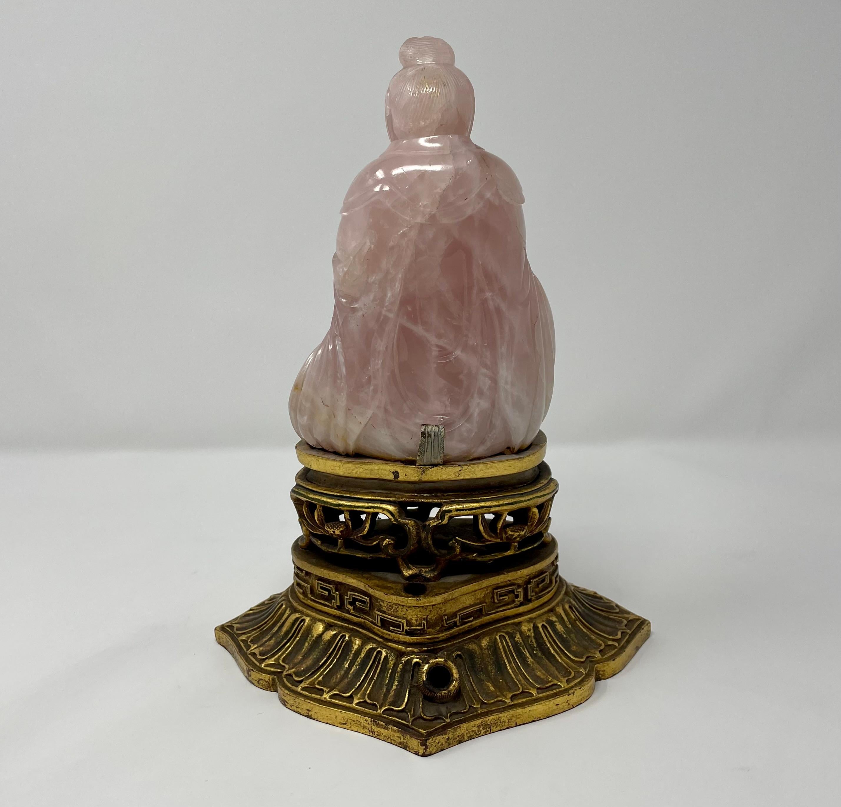 19th Century Antique Rose Quartz Kuan Yin Chinese Figure with Carved Wood Base