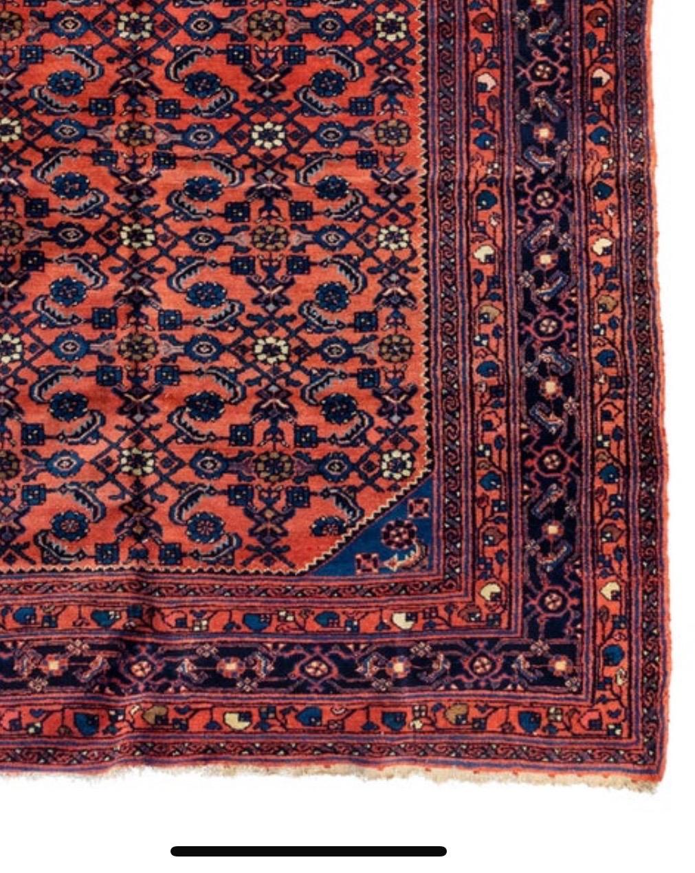 Hand-Knotted Antique Rose Red and Navy Blue Persian Angeles Fine Lilihan Area Rug circa 1920s For Sale