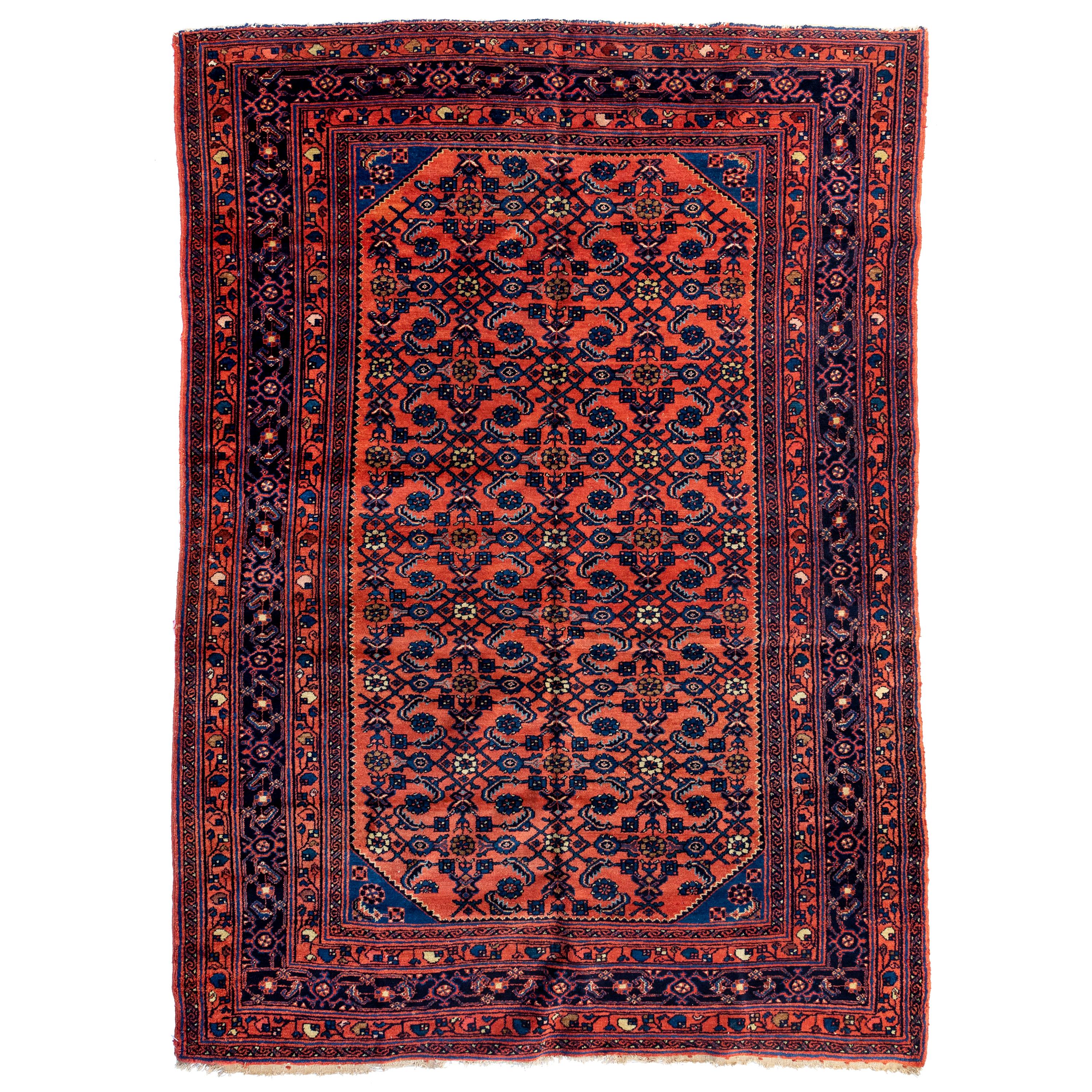 Antique Rose Red and Navy Blue Persian Angeles Fine Lilihan Area Rug circa 1920s For Sale