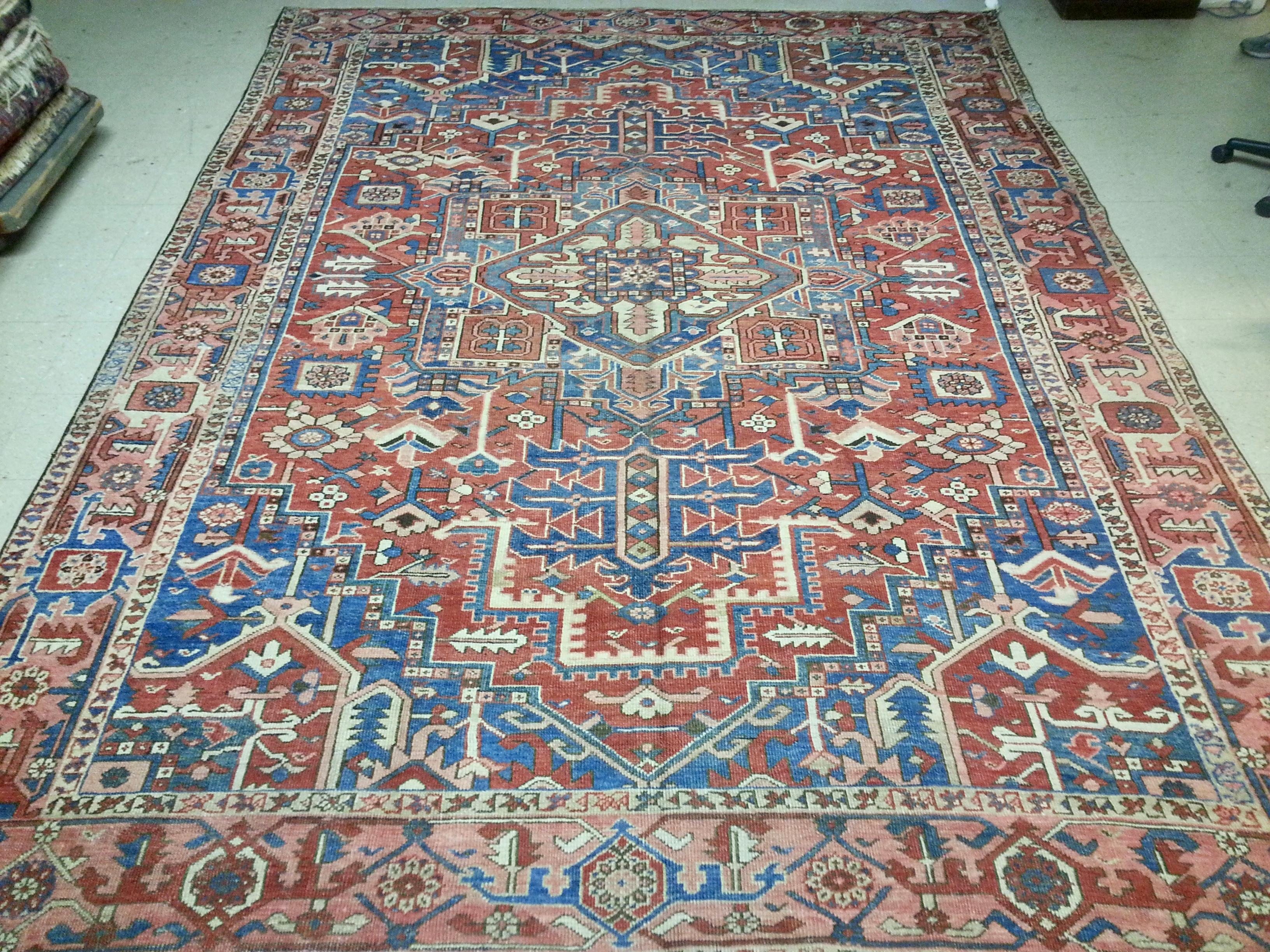 Hand-Knotted Antique Rose Red Light Blue Geometric Tribal Persian Heriz Rug, circa 1920s For Sale