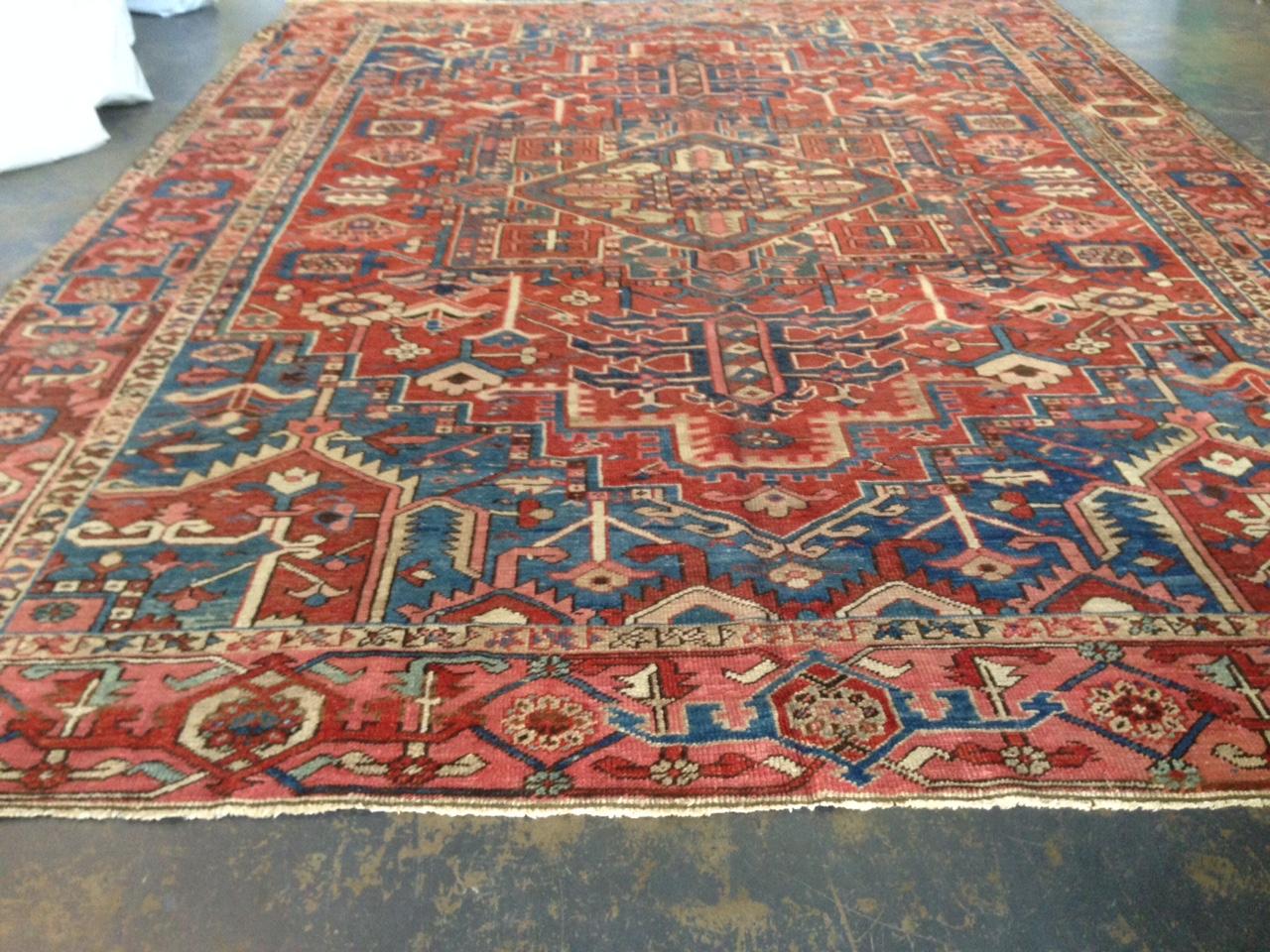 Heriz Serapi Antique Rose Red Light Blue Geometric Tribal Persian Heriz Rug, circa 1920s For Sale