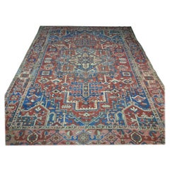 Antique Rose Red Light Blue Geometric Tribal Persian Heriz Rug, circa 1920s