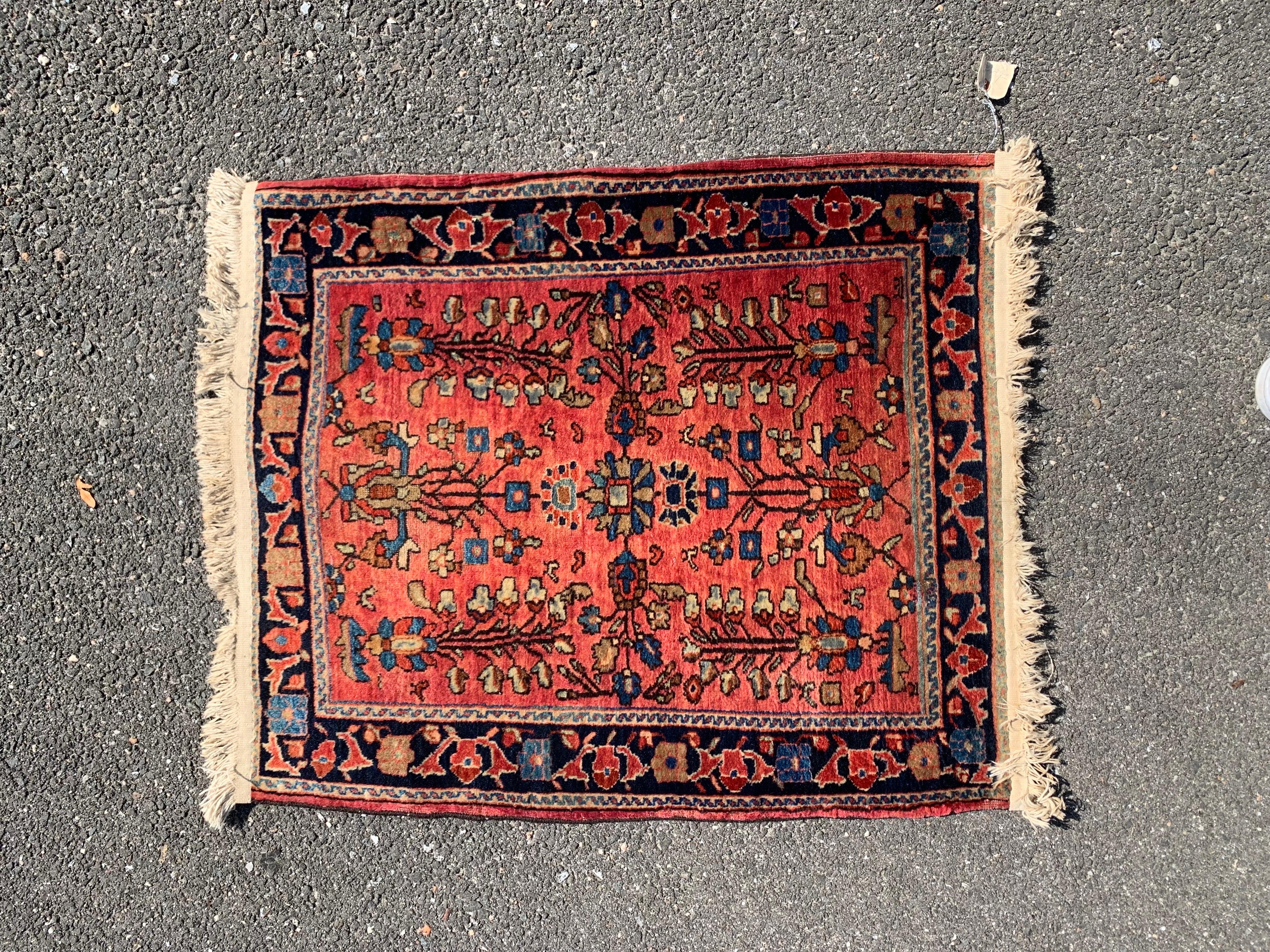 Hand-Knotted Antique Rose Sarouk Small Mini Persian Rug c. 1900 For Sale