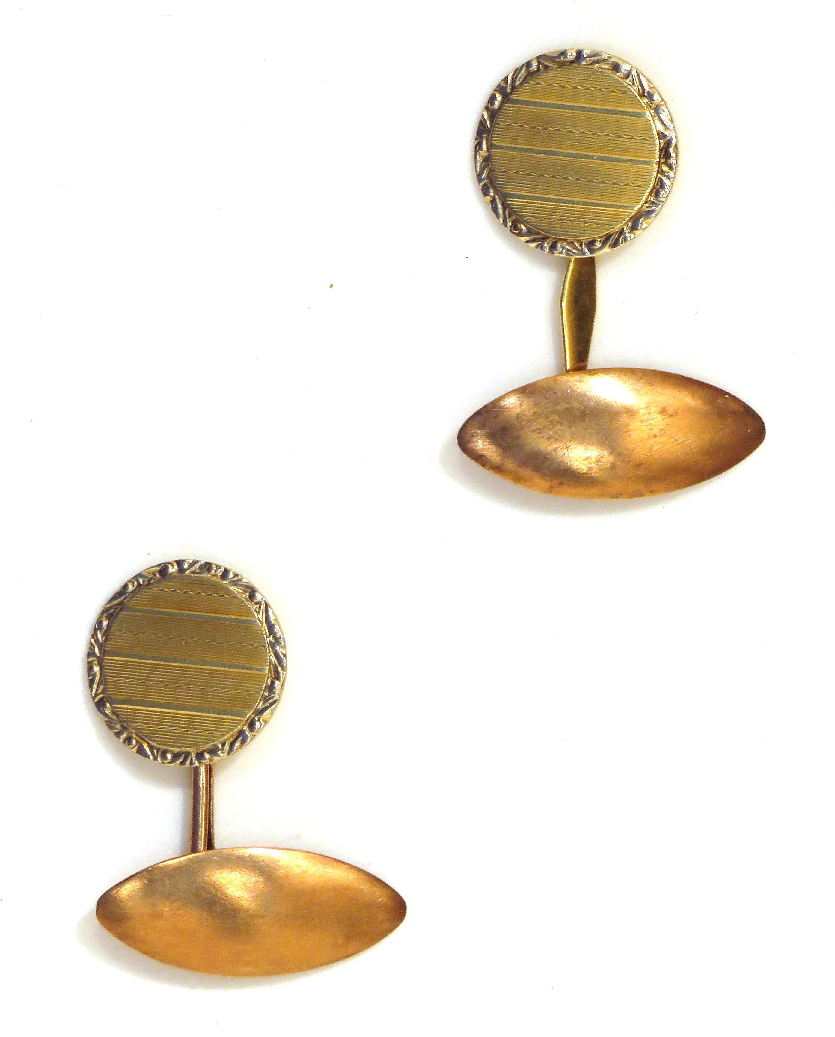 Engraved cufflinks handcrafted in 18k rose/white/yellow gold with oval bar length 18x8 millimeters / 0.708x0.314 inches and round bar 12 millimeters / 0.472 inches