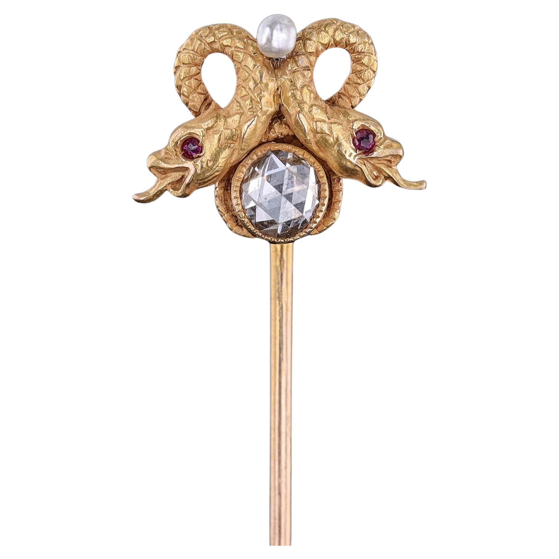 Antique Rosecut Diamond Snake Stickpin of 14k Gold