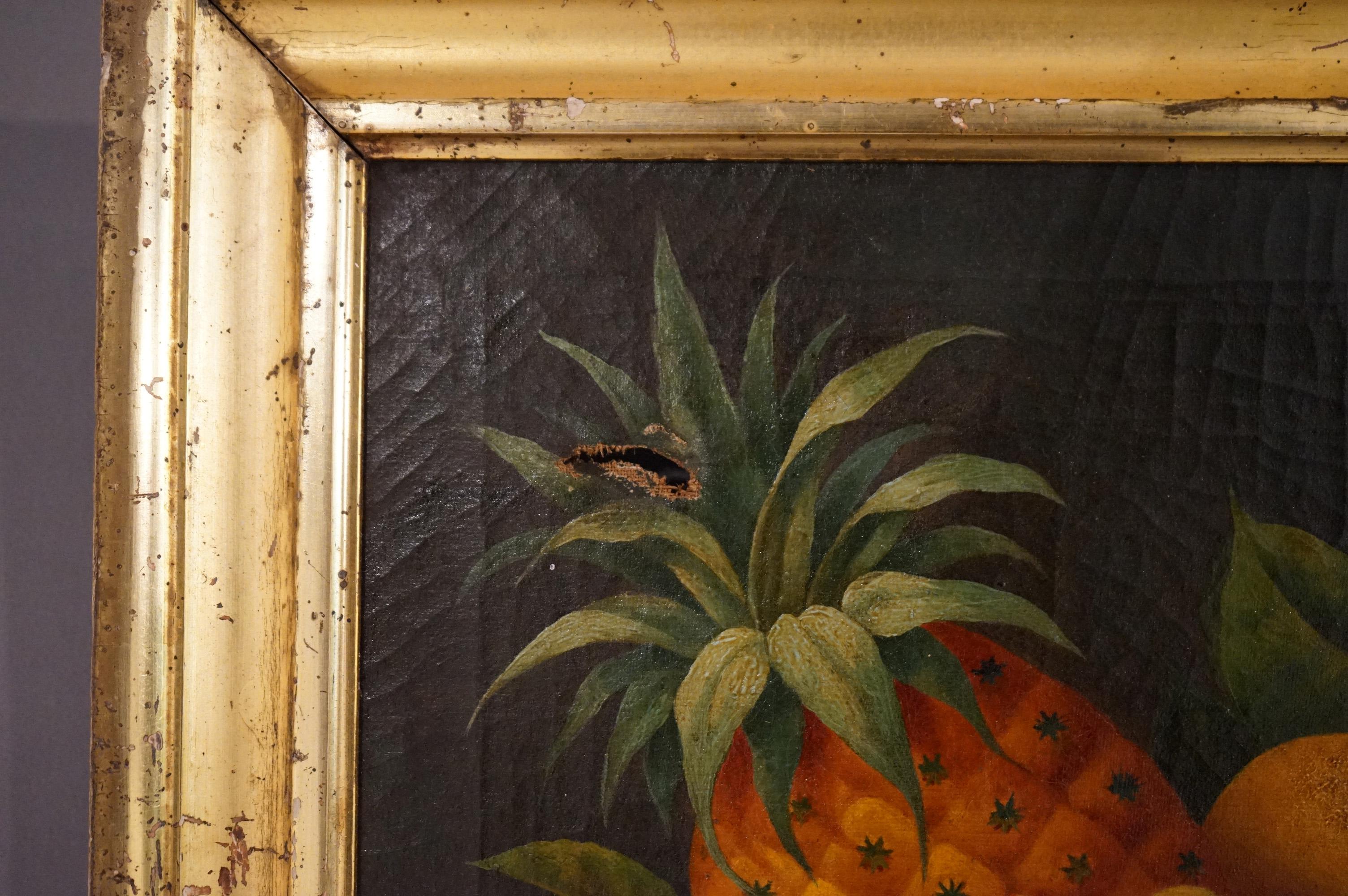 Antikes Volkskunst-Obststillleben der Rosen-Schule, Öl 0n, Leinwand, Gemälde C1830 im Zustand „Gut“ im Angebot in Big Flats, NY