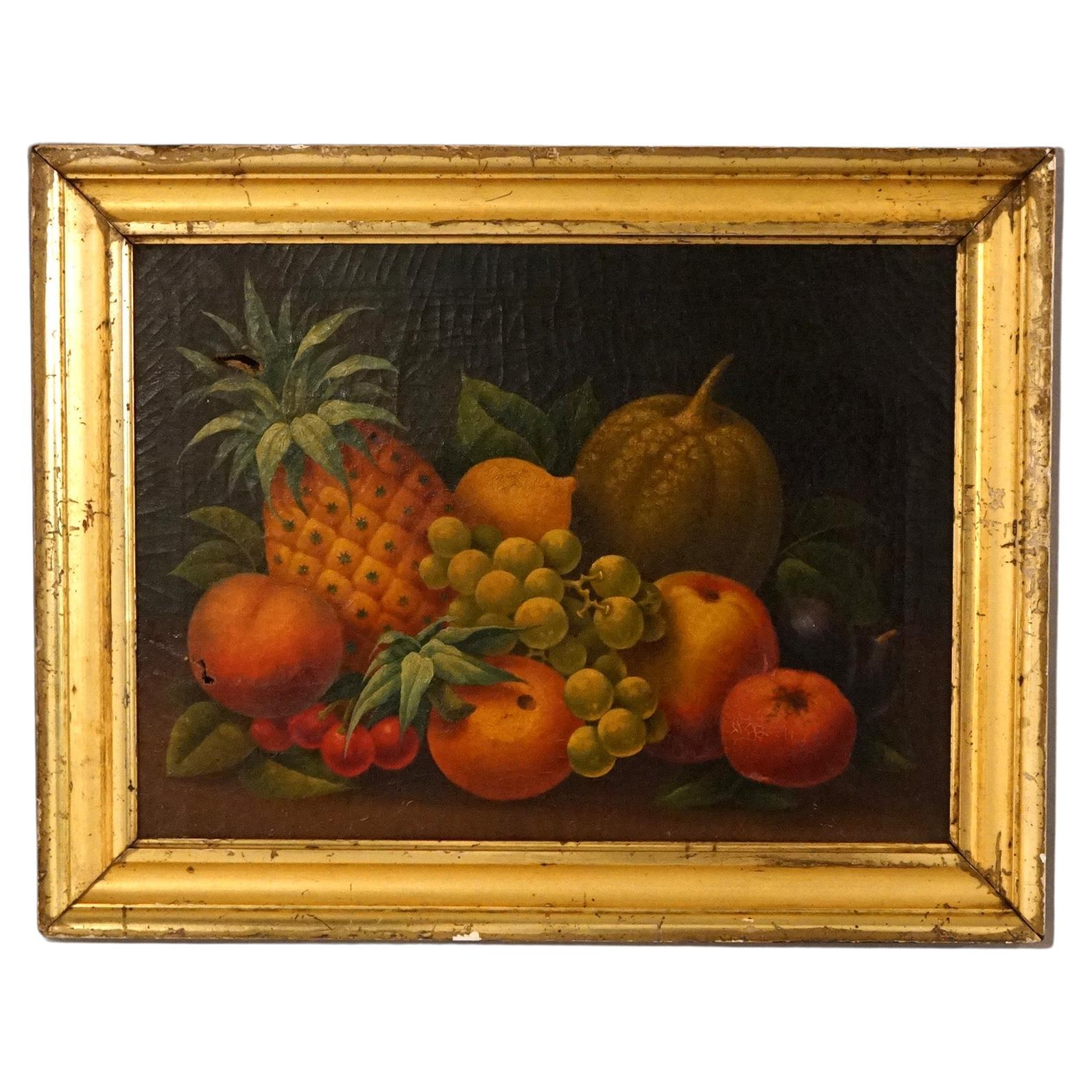 Antique Rosen School Folk Art Fruit Still Life Oil 0n Canvas Painting C1830