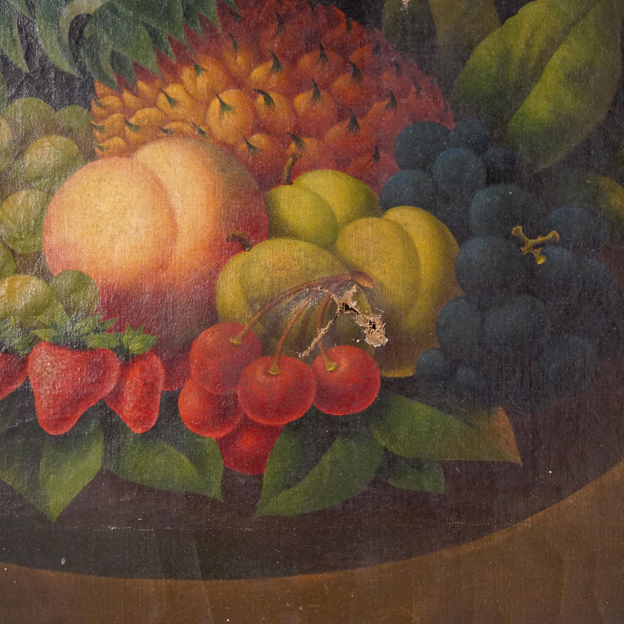 Antikes Volkskunst-Obststillleben im Rosen-Stil, Öl auf Leinwand, Gemälde, um 1830 (Handbemalt) im Angebot