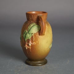 Antique Roseville Art Pottery Brown Vase With Fuchsia Pattern c1938