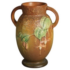 Antique Roseville Art Pottery Brown Vase With Fuchsia Pattern c1938