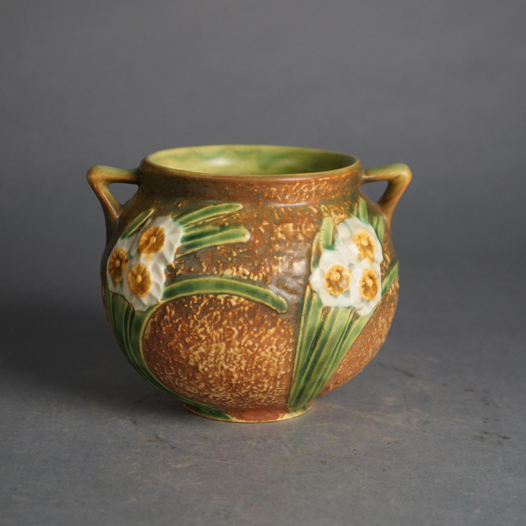 Antique Roseville Art Pottery Double Handled Vase, Jonquil, C1930 In Good Condition In Big Flats, NY