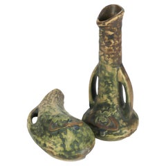 Antico Roseville Art Pottery Greene & Greene Brown Vaso e Tasca da muro
