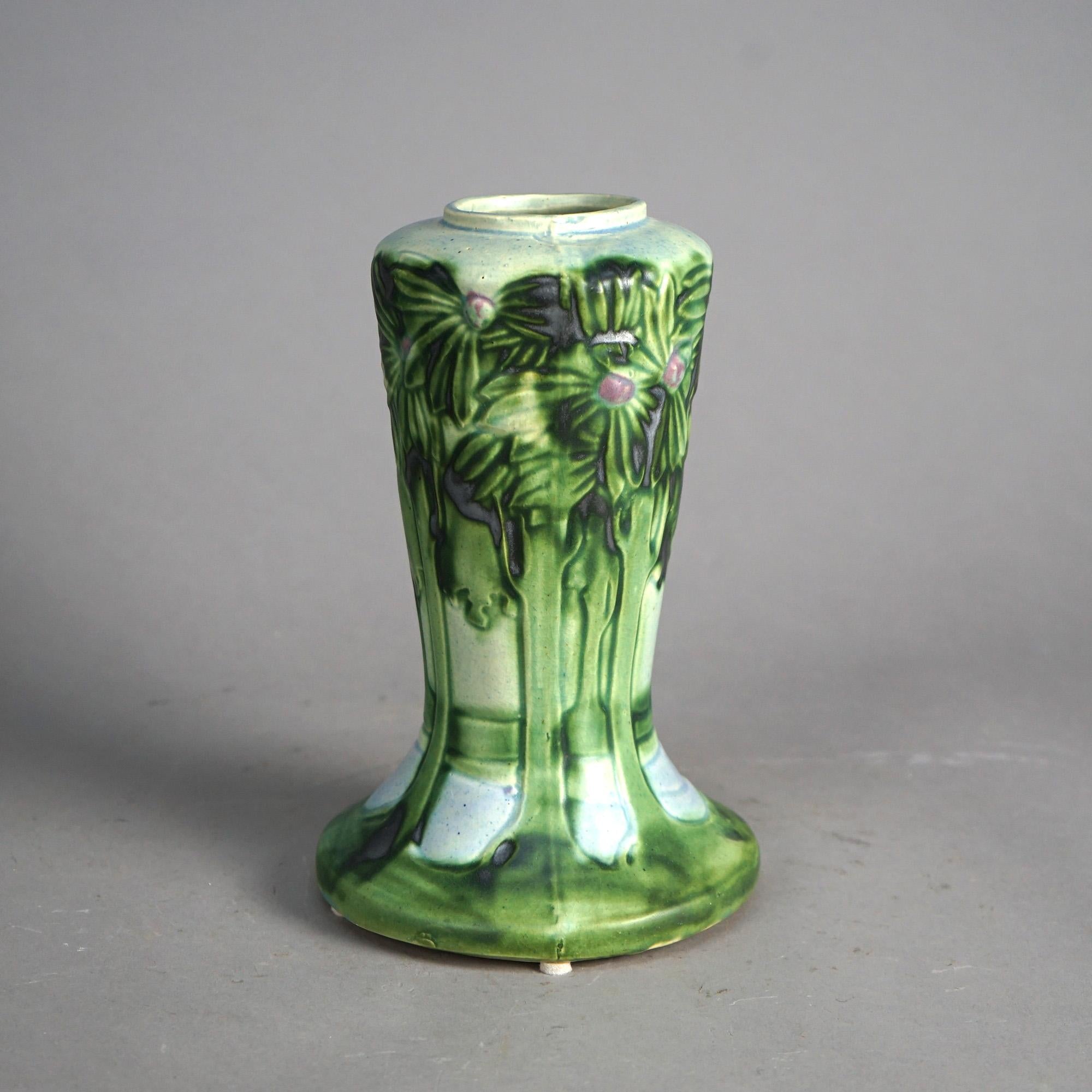 An antique vase by Roseville offers art pottery construction in flared form and having Vista design with trees and water, c1920

Measures - 10