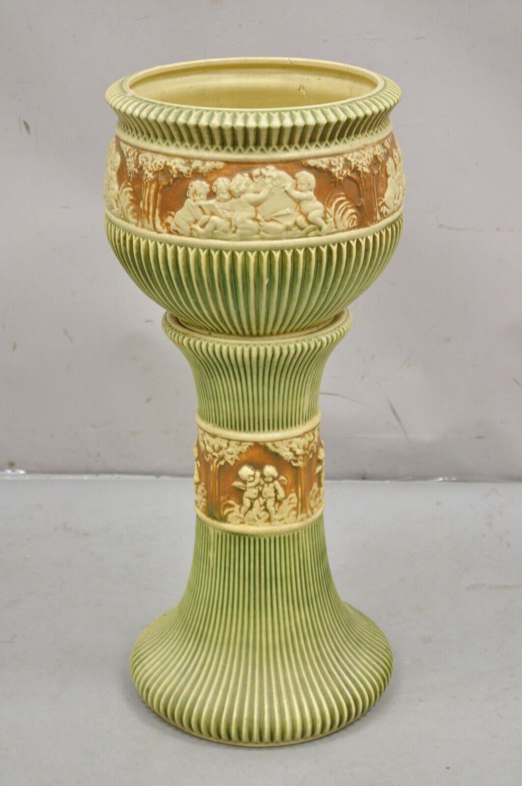 Antique Roseville Donatello Cherubs Art Pottery Jardiniere & Pedestal Flower Pot For Sale 8